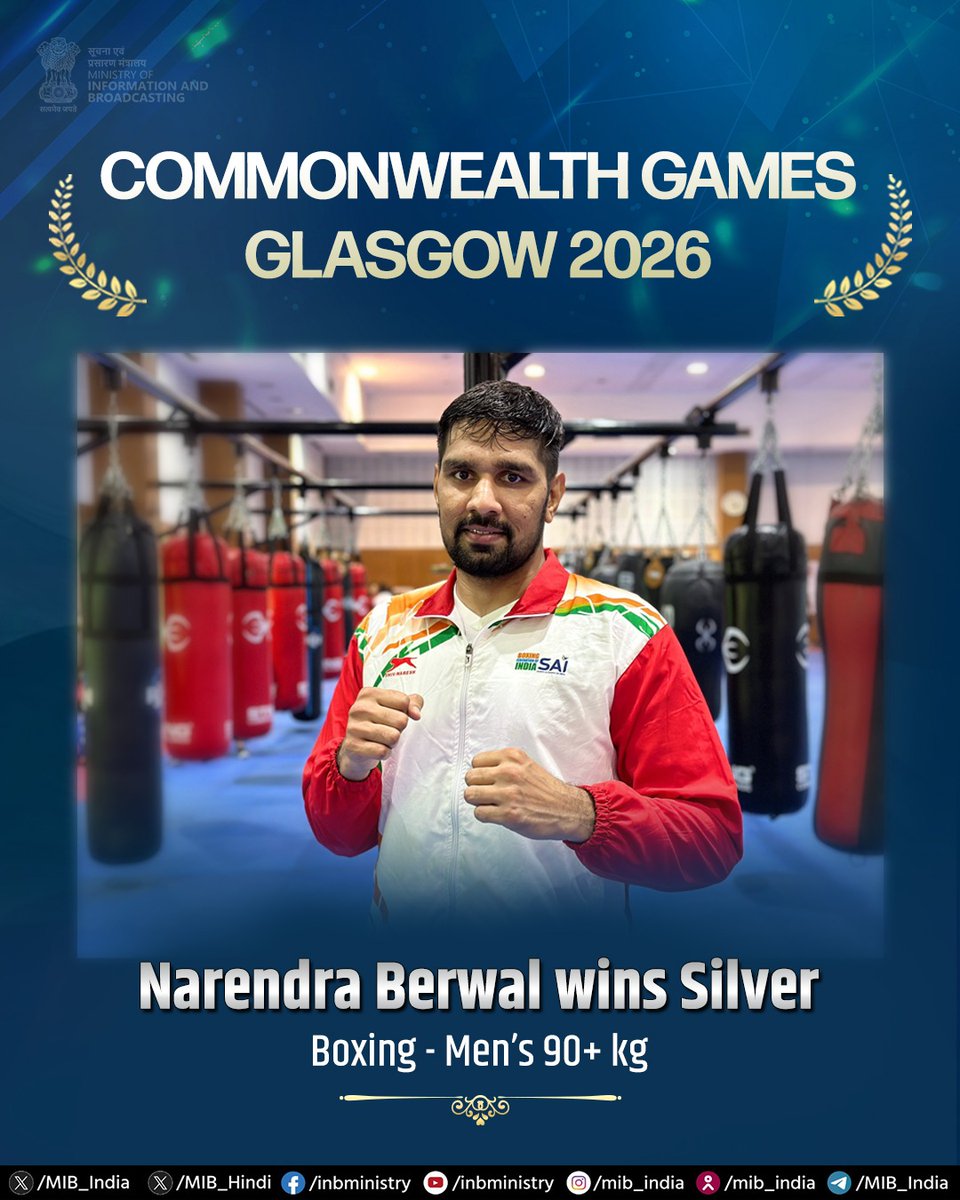 MIB_India's tweet photo. Silver glory for Narender! 🥈🇮🇳 

Congratulations to Narender Berwal on securing the Silver Medal in the Men’s 90+ kg category at the Commonwealth Games 2026. A commendable performance on the biggest stage! 🇮🇳✨

#CWG2026 #Glasgow2026

@WeAreTeamIndia https://t.co/Qh3Nq072Ro