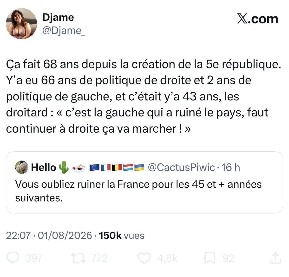 LysandreBL's tweet photo. Oui, on sait Djame

45% de prélèvement obligatoire sur le PIB
57% de dépenses sociales sur le PIB

Et puis l’article 1 de la 5ème République avec marqué 

« La France est une République indivisible, laïque, démocratique et sociale »

Ce n'est pas du vrai socialisme, on sait https://t.co/m8Lh74Hkuc
