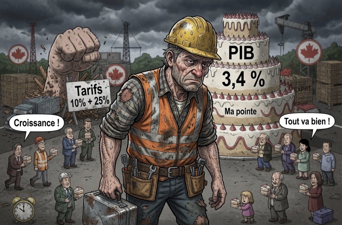 Pat77432407's tweet photo. VACANCES TERMINÉES : BON RETOUR DANS L’ILLUSION ÉCONOMIQUE 

Les vacances de la construction se terminent ce soir. 

Pour des centaines de milliers de travailleurs au Québec, et tous ceux qui reprennent le collier en même temps, le grand retour à la réalité, c'est maintenant. 

Le cadran va recommencer à crier lundi matin pour plusieurs, la boîte à lunch va se remplir, et plusieurs se retrouveront à nouveau bumper à bumper sur nos routes de pauvres pour retourner travailler.

J'espère sincèrement que vous avez pu décrocher, que ce soit sur le bord d'un feu, sur le bord du lac... ou encore si vous étiez obligés d'être silencieux après 20 h sans pouvoir vraiment en profiter dans un camping de la SÉPAQ.

Mais peu importe où vous étiez, en rentrant au travail, la réalité économique, elle, ne nous a pas attendus. 

Pendant ce temps-là, les médias traditionnels ont continué de nous repasser leur cassette habituelle : « La croissance est de retour ! 3,4 % au deuxième trimestre ! L'économie canadienne tourne à plein régime ! »

Mais posez-vous la question deux secondes : quand vous avez fait le plein d'essence ou que vous êtes allés à l'épicerie pour le barbecue, est-ce que vous l'avez sentie, cette prétendue prospérité ?

Moi oui, je suis aux États-Unis.

La grande illusion des chiffres

C'est bien beau de célébrer l'augmentation du PIB global, mais c'est une illusion complète. 

Si notre économie semble grossir sur papier, c'est presque uniquement parce qu'on subit encore aujourd'hui les conséquences des explosions démographiques passées. 

Malgré le ralentissement récent des seuils d'immigration, le contrecoup des augmentations massives des dernières années continue de peser lourd sur la machine. En d'autres mots : le gâteau grossit artificiellement par le nombre, oui, mais ta pointe de gâteau, elle, est de plus en plus petite !

Ce qu'on refuse de vous dire aux nouvelles de 18 h, pour ceux qui regardent encore ça, c'est que le PIB par habitant, le seul vrai baromètre de notre niveau de vie réel, lui, continue de perdre de la vigueur, stagne ou recule. 

On nous vend de la richesse virtuelle pendant que le budget des familles est littéralement siphonné par le coût de l'habitation, les dettes accumulées et un coût de la vie qui refuse de baisser. 

Même si l'inflation ralentit en surface, les Canadiens demeurent parmi les citoyens les plus endettés de tous les pays développés.

Pendant que nos voisins du Sud investissent massivement dans leurs entreprises, leurs technologies et leur innovation, ici, c'est une crise majeure de productivité. 

Le Canada sous-investit. 

Nos entreprises produisent moins de richesse par heure travaillée que les entreprises américaines, et cet écart catastrophique s'aggrave depuis des décennies.

Et comme si ce n’était pas assez, Washington continue d’étrangler nos exportations. 

Entre le tarif de 10 % sur le bois, la nouvelle volée de taxes douanières de juillet et les droits antidumping et compensatoires qui tournent autour de 25 % sur le bois d’œuvre, nos scieries se font matraquer de tous les côtés. 

Pendant ce temps-là, Carney et Fréchette, la PM de relève, nous servent des discours creux au lieu d’agir.

On survit grâce à nos ressources naturelles, qu'on passe pourtant notre temps à diaboliser. Ce sont nos mines, notre bois, notre énergie et notre pétrole qui font entrer le vrai argent neuf au pays, qui paient nos hôpitaux avec des redevances et qui font vivre nos régions avec des vrais jobs payantes.

Mais au lieu d'assumer cette richesse-là, on préfère subir les contrecoups d'une croissance démographique mal gérée pendant que le moteur sous le capot commence sérieusement à tousser.

Alors oui, le réveille-matin va faire mal lundi matin pour plusieurs, mais on ne se laissera pas avoir par les statistiques arrangées avec le gars des vues. 

La vraie valeur d'une économie, elle ne se calcule pas dans les discours, elle se voit sur votre chèque de paye à la fin de la semaine. 

Après déductions !