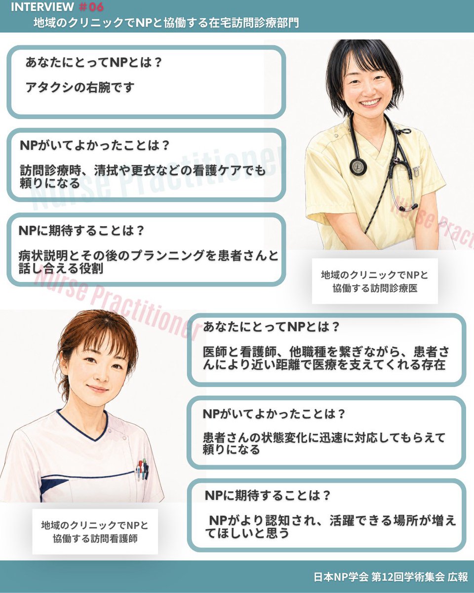 np12cfpr's tweet photo. ✨シリーズ配信✨
“他職種から見たNP”

#05  地域のクリニックでNPと協働する在宅訪問診療部門🏠

在宅診療チームの一員として活躍するNPへコメントをいただきました！限られたリソースの中での役割や働き方とは…？

ぜひ学会へお越しください👐

#日本NP学会 #NP #診療看護師 ＃他職種 https://t.co/gEkdsaem1G