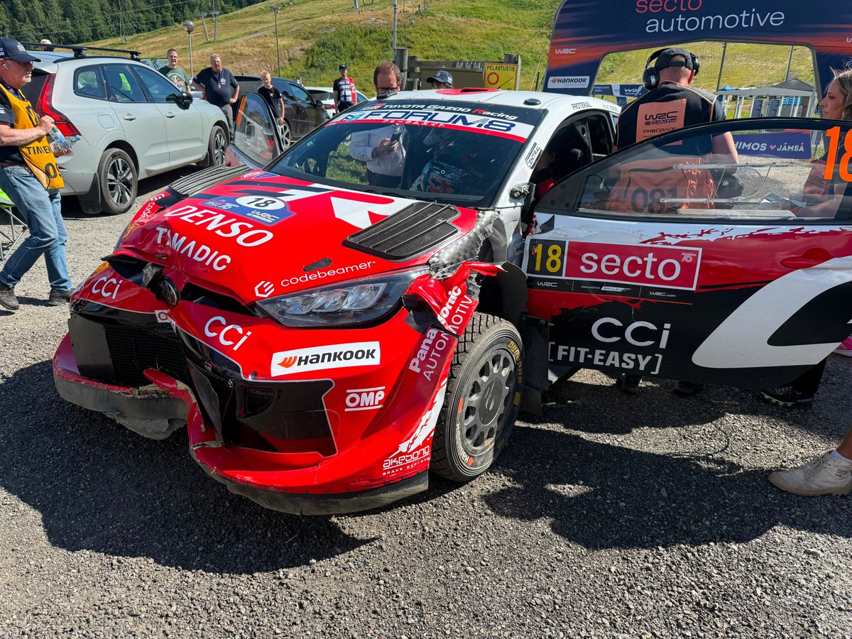OfficialWRC's tweet photo. Final stage drama for Taka and Aaron as the Toyota crew went off the road and hit a tree 😩

Despite the damage, they managed to bring the car to the finish, but dropped from P5 to P6 in the process, finishing behind Thierry Neuville.

#WRC | #SectoRallyFinland 🇫🇮 https://t.co/h9vaVeCsB6