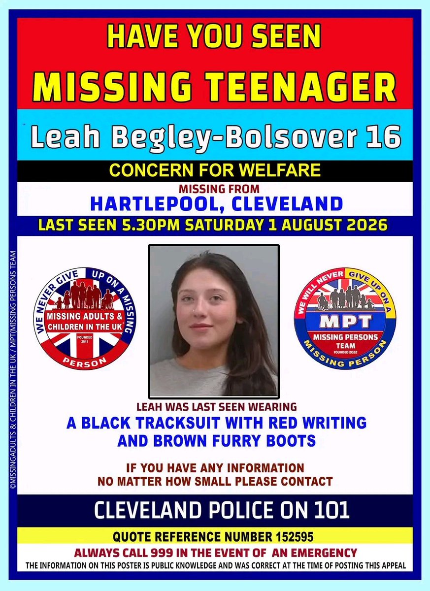 FreyjaBakke's tweet photo. Leah Begley-Bolsover 16 
HARTLEPOOL, CLEVELAND. 
LAST SEEN 5.30PM SATURDAY 1 AUGUST 2026 https://t.co/gHmm6a2jGv