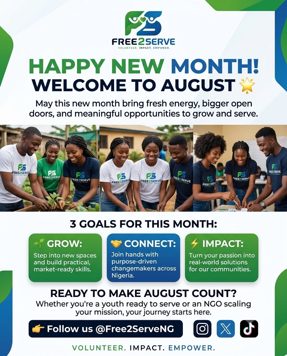 Free_serve's tweet photo. Welcome to August! 🌟 Let this new month bring fresh energy, growth, and meaningful opportunities to transform your community.
Whether you're ready to serve or looking to scale your impact, let's make every day of August count together! 🇳🇬✨ https://t.co/jkfWG5JyG5
