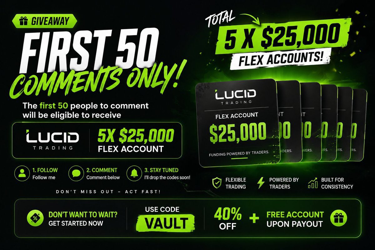 tradexcore's tweet photo. 🎁 FREE Lucid $25K Flex Account?

Yes, we're dropping 100% OFF coupon codes. 🚀

Here's the deal:

• Follow us
• Drop a comment below

100 comments = Codes go live.

Let's make it happen. 👇 https://t.co/32LdMVL3SQ
