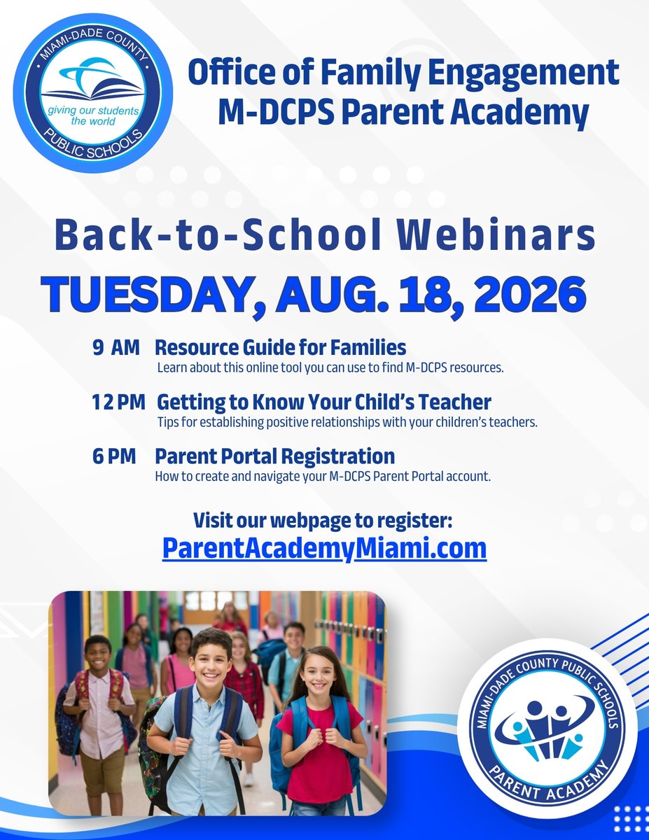 SuptDotres's tweet photo. Strong family partnerships drive student success! @MDCPS parents, join @ParentAcadMiami for our 2026 Back-to-School webinars to discover key tools and updates for the upcoming school year.
Aug 18: English
Aug 19: Haitian-Creole
Aug 20: Spanish
Reserve your spot now: https://t.co/QgZHewVgA5 #YourBestChoiceMDCPS