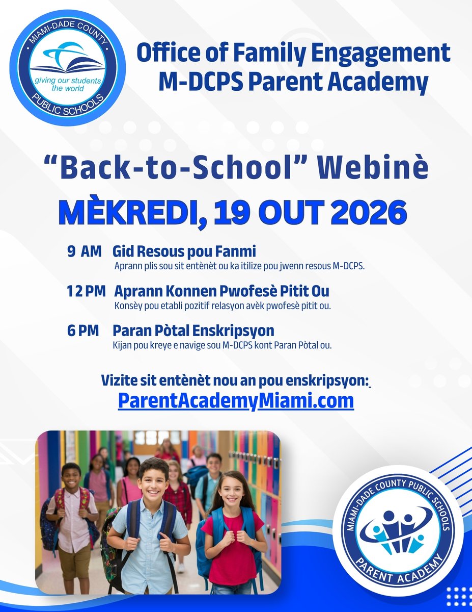 SuptDotres's tweet photo. Strong family partnerships drive student success! @MDCPS parents, join @ParentAcadMiami for our 2026 Back-to-School webinars to discover key tools and updates for the upcoming school year.
Aug 18: English
Aug 19: Haitian-Creole
Aug 20: Spanish
Reserve your spot now: https://t.co/QgZHewVgA5 #YourBestChoiceMDCPS