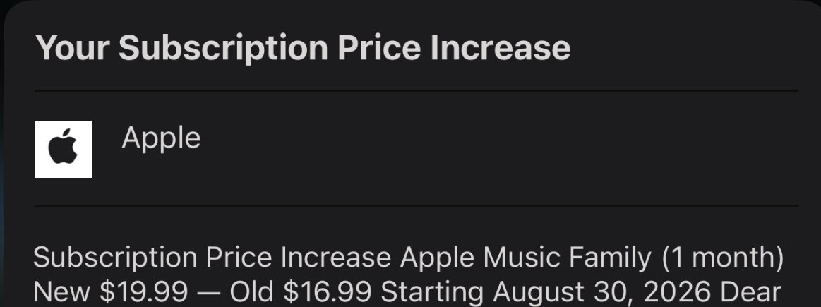 JustJayThings77's tweet photo. Apple Music Family jumping from $16.99 to $19.99/mo starting Aug 30. 😭

Can ANYTHING ever actually go down in price for once? It’s getting worse every single day. https://t.co/6IGCBLab7L