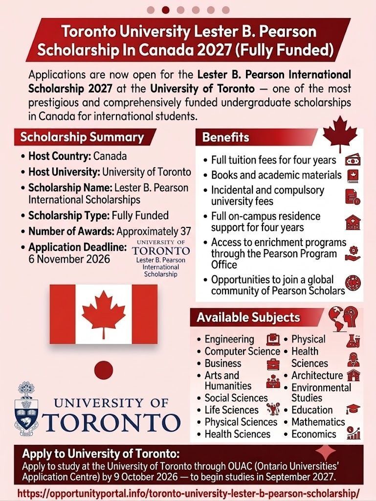 opportunityhub4's tweet photo. oronto University Lester B. Pearson Scholarship In Canada 2027 (Fully Funded)
https://t.co/nea57H20R3
✅ School Nomination Required — Not Self-Nominated
✅ Deadline: 7 November 2026
#LesterBPearson #StudyInCanada #UofT #FullyFunded #Scholarship2027 #UndergraduateScholarship https://t.co/pAzZfBaPkK