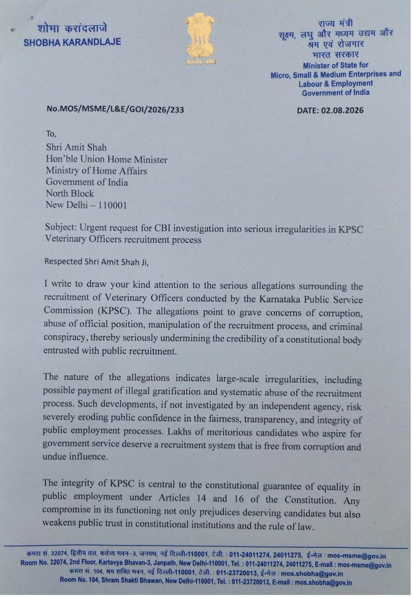 ShobhaBJP's tweet photo. Merit must never be sacrificed. The hard work, commitment and sacrifices of our youth and their families must never become victims of corruption.

I have written to Hon'ble Union Home Minister Shri @AmitShah Ji seeking a CBI investigation into the serious allegations of corruption, abuse of authority and manipulation of OMR answer sheets in the KPSC Veterinary Officers recruitment process.

Every selection must be based on merit alone. The dreams built through years of hard work and the unwavering support of families deserve justice. Those responsible must be held accountable, and public faith in the recruitment system must be restored.

#KPSC #CBIInvestigation #JusticeForYouth