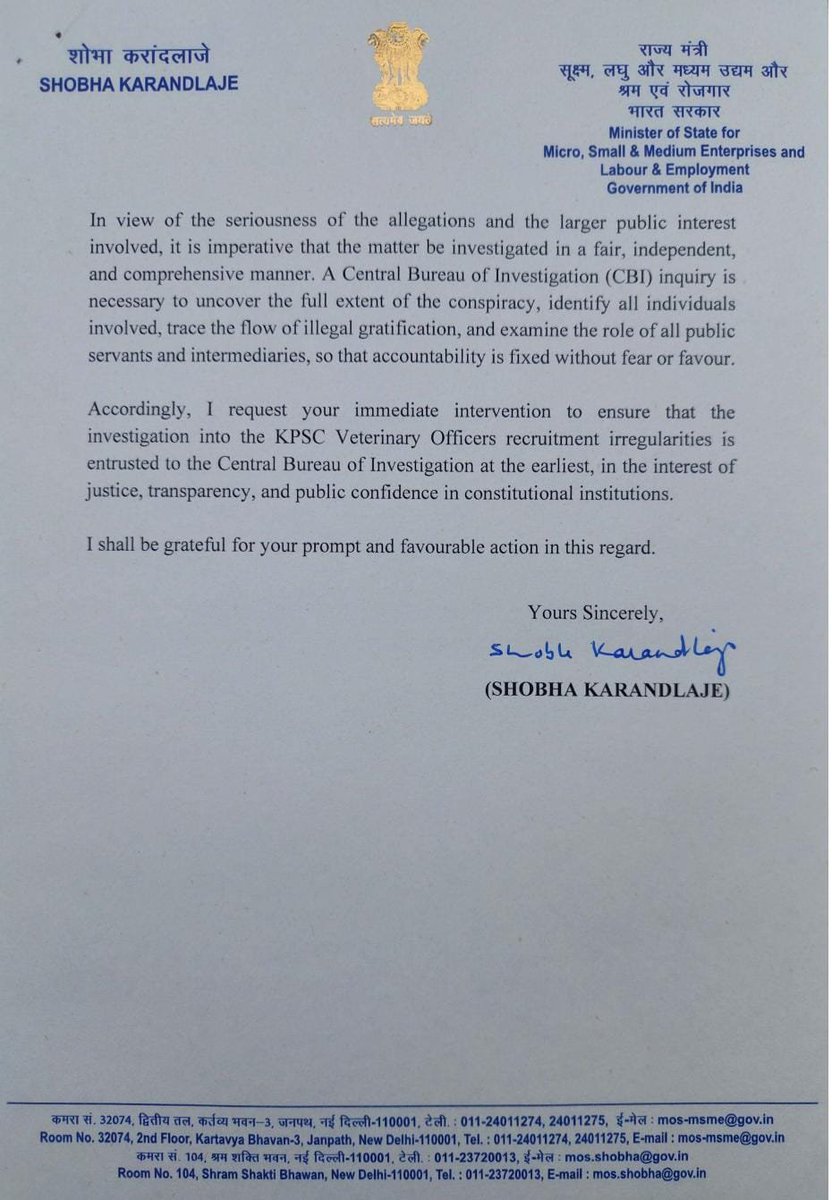 ShobhaBJP's tweet photo. Merit must never be sacrificed. The hard work, commitment and sacrifices of our youth and their families must never become victims of corruption.

I have written to Hon'ble Union Home Minister Shri @AmitShah Ji seeking a CBI investigation into the serious allegations of corruption, abuse of authority and manipulation of OMR answer sheets in the KPSC Veterinary Officers recruitment process.

Every selection must be based on merit alone. The dreams built through years of hard work and the unwavering support of families deserve justice. Those responsible must be held accountable, and public faith in the recruitment system must be restored.

#KPSC #CBIInvestigation #JusticeForYouth