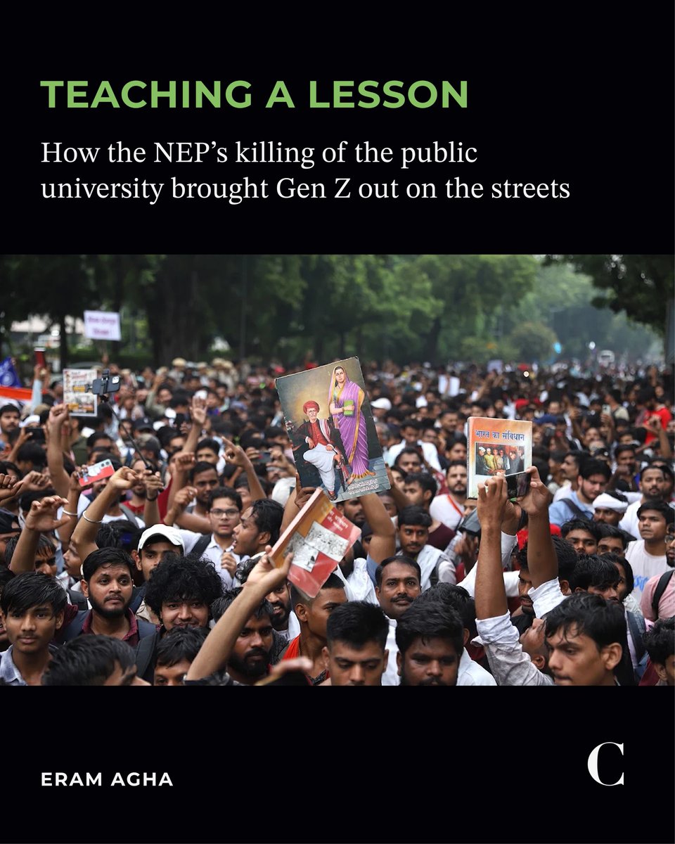 thecaravanindia's tweet photo. The Modi government’s appointment of pliant, unqualified and ideologically aligned vice-chancellors to most of the country’s public universities is a widely reported fact. Many come from the Sangh Parivar, while others are unscrupulous bureaucrats who gained the trust of the regime in the past decade. 

@EramAgha reports on how the NEP’s killing of the public university brought Gen Z out on the streets: https://t.co/SQLkLlcjXX