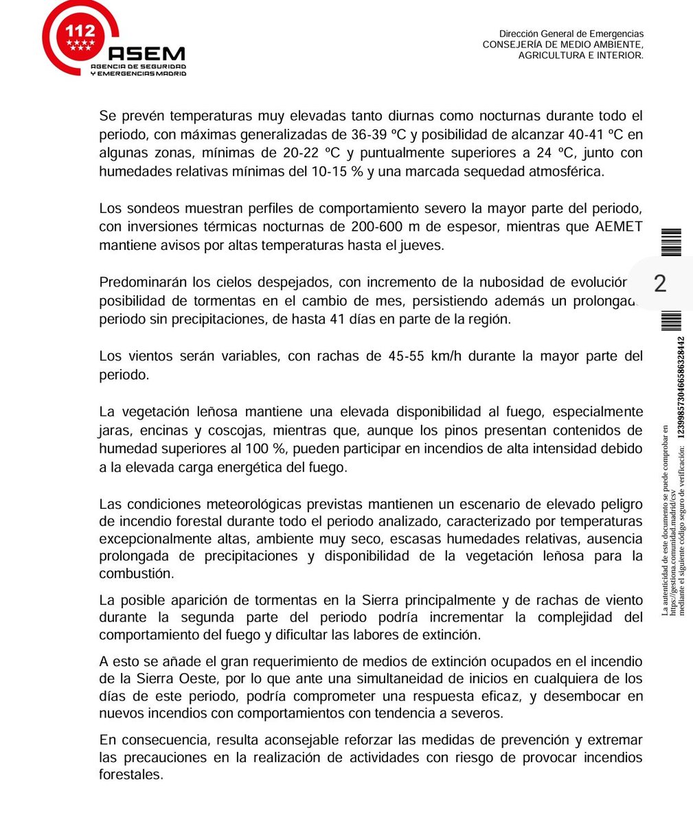 protecvillalba's tweet photo. 🔴 Debido al alto riesgo de incendios forestales, está suspendida en toda la Comunidad de Madrid la concesión de autorizaciones de uso de fuego y de los usos ya autorizados, así como el uso de maquinaria y equipos cuyo funcionamiento pueda generar deflagraciones, chispas o descargas eléctricas, en todos los terrenos forestales y en una franja de 400 metros de ancho que circunda el terreno forestal, en caso de ser el terreno suelo no urbano, hasta las 0h del martes 4 de agosto.

Asimismo, se suspenden las autorizaciones ya emitidas relativas a aquellos lanzamientos de elementos artificiales que puedan provocar ignición (cohetes, fuegos artificiales, farolillos voladores, etc.) cuyo punto de disparo de sitúe sobre terreno forestal o en la franja de 400 metros que los circunda, independientemente del tipo de suelo de que se trate, durante el mismo periodo temporal enunciado en el párrafo anterior.

Durante los próximos días se revisará la opción de alargar la suspensión si se mantienen las condiciones desfavorables para los días siguientes.

#IIFF 🔥