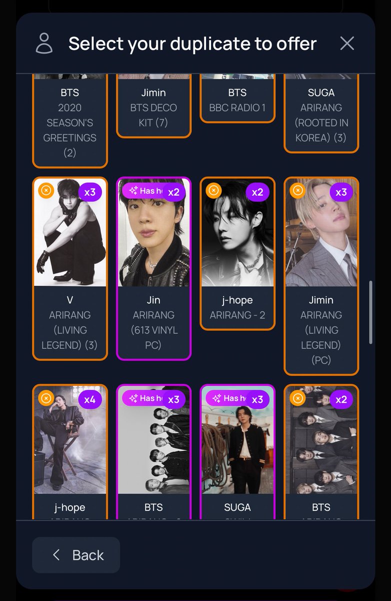 morelikebangtan's tweet photo. oh wowww the purple highlight for "has holo" photocard is so helpful too 😯😯 #bcd #bcdapp https://t.co/HtwhyNODFQ
