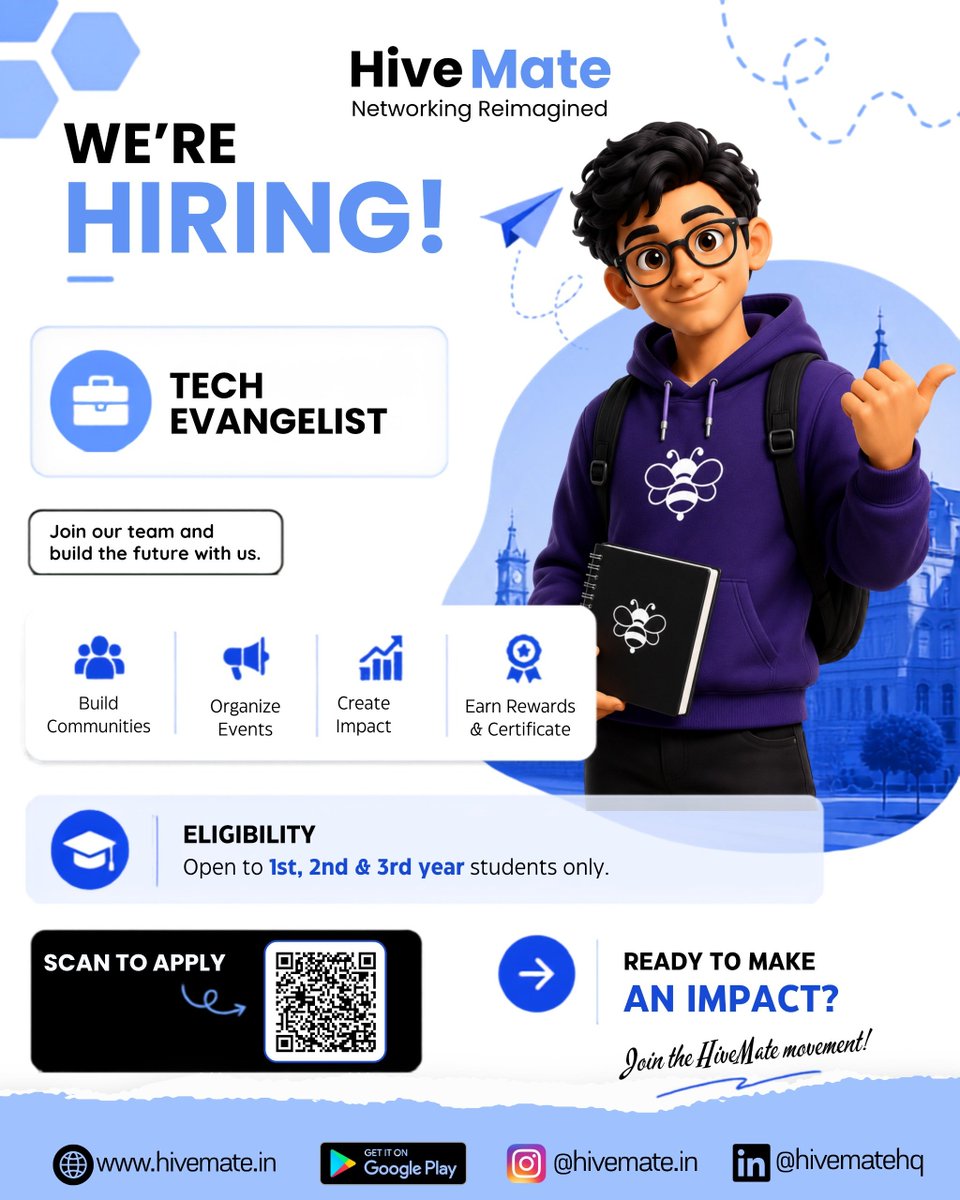 Hivematehq's tweet photo. Stop collecting certificates. Start building influence.

HiveMate is hiring Tech Evangelists.

Lead communities. Host events. Work with a startup. Build a network that lasts beyond college.

Open for 1st, 2nd &amp; 3rd year students.

Apply now🚀

#HiveMate #Hiring #CampusAmbassador https://t.co/KipnjELZmP