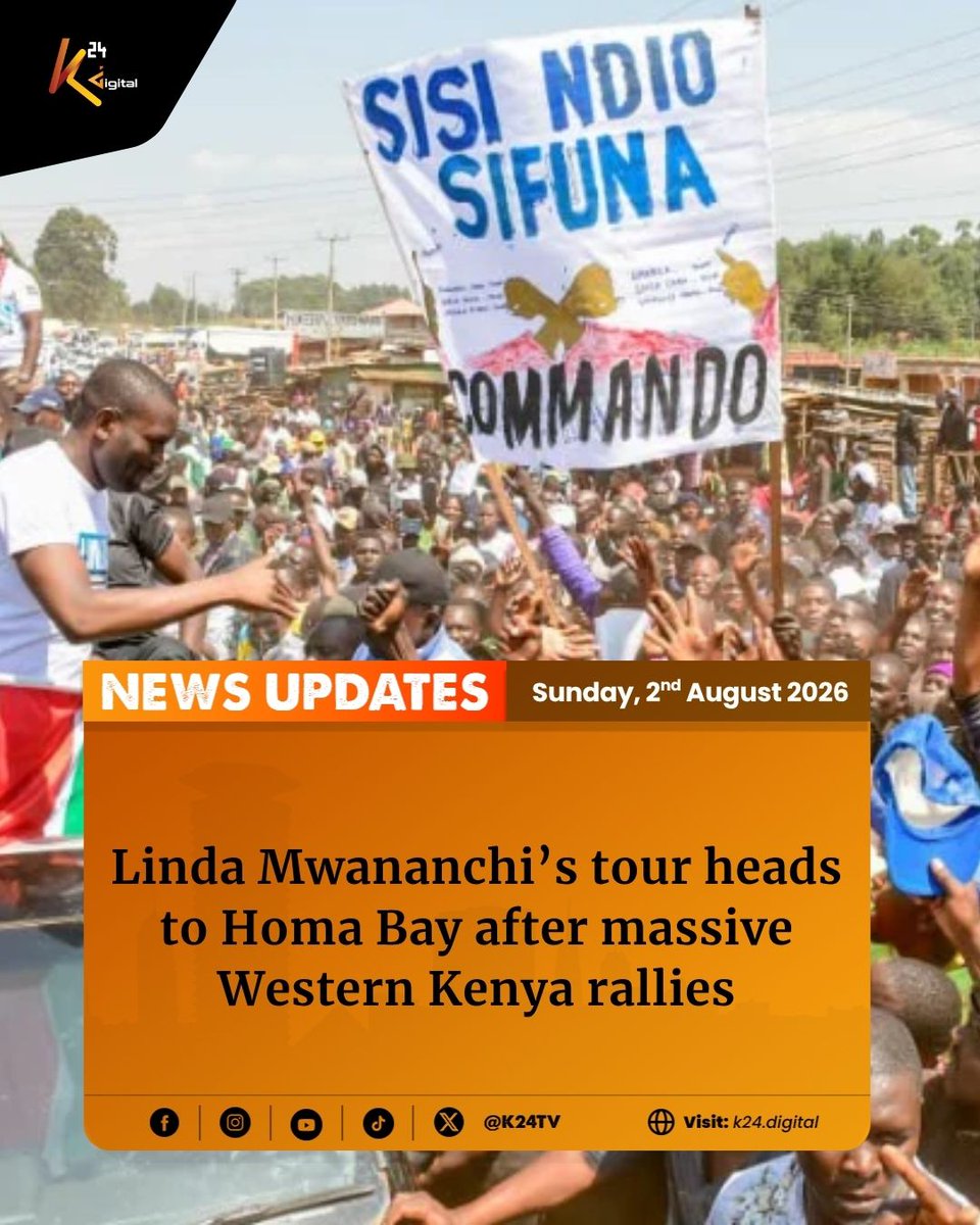 K24Tv's tweet photo. Nairobi Senator Edwin Sifuna has announced that the Linda Mwananchi movement will hold its next major rally in Homa Bay County on Sunday, August 16, 2026, signalling an expansion of the opposition-linked mobilisation campaign from Western Kenya into the Nyanza region.

Read the full story here: https://t.co/5hTV73eHJS