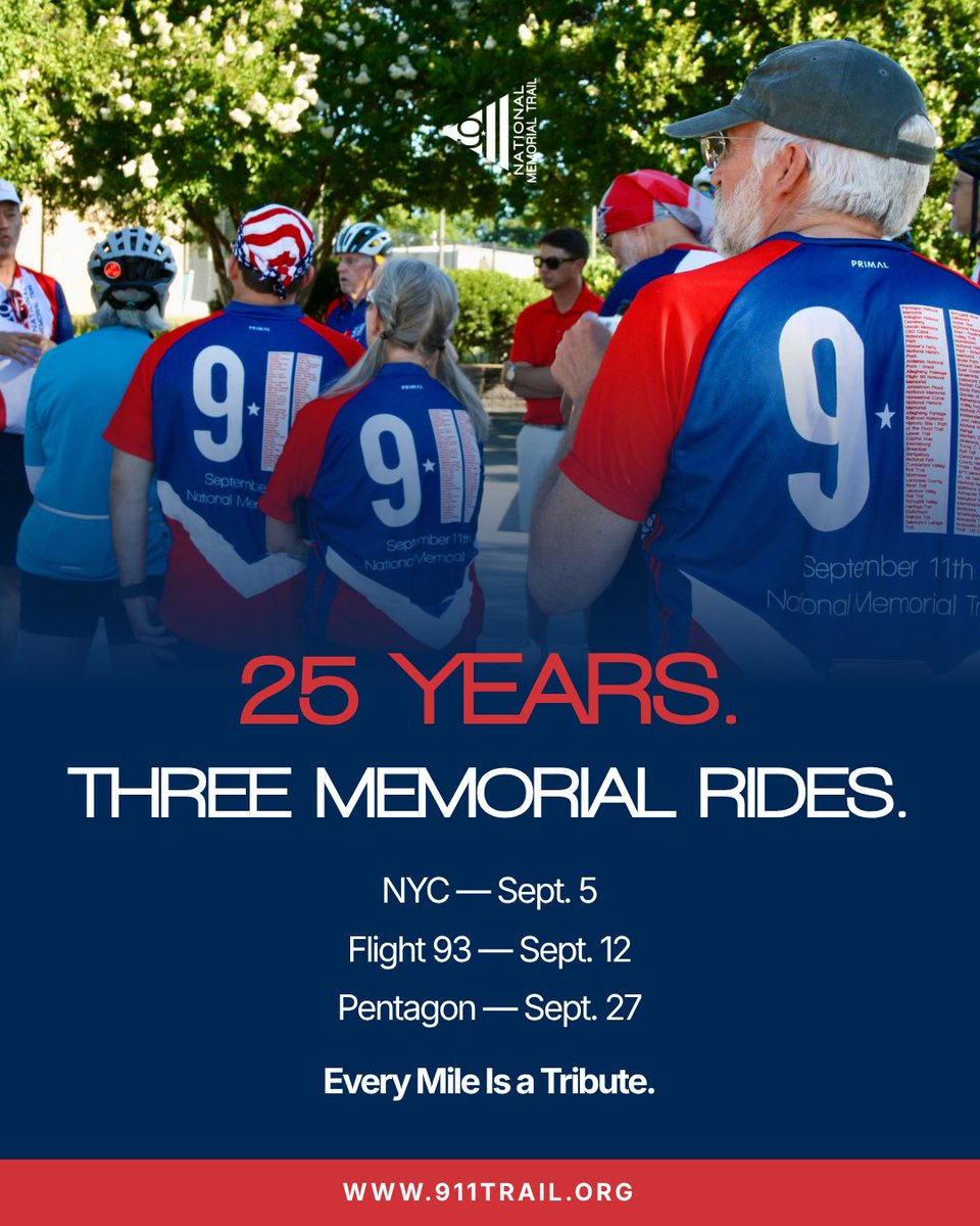 911trail's tweet photo. This September marks 25 years since 9/11 — and this fall, the 9/11 National Memorial Trail is honoring that milestone with three commemorative rides connecting all three national memorial sites: Every mile is a tribute. https://t.co/en0ukIlf7L

#911NationalMemorialTrail https://t.co/3Lnk3wy8Fa