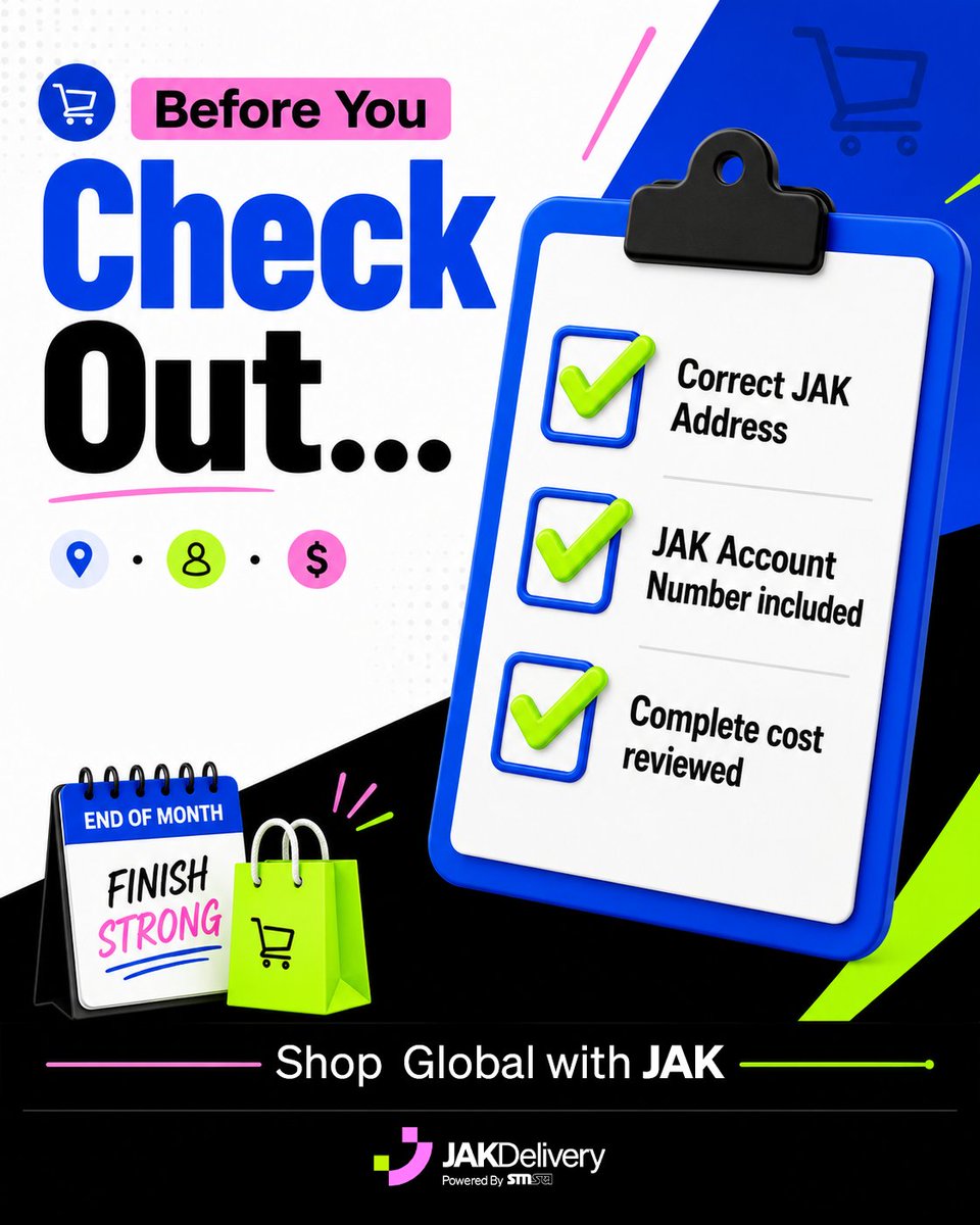 jakdeliver's tweet photo. Before you check out:
- Correct JAK Address
- JAK Account Number included
- Complete cost reviewed

Three quick checks for a smarter shopping route.

Download the app or visit https://t.co/cQTzM4wOmB for free registration.

#JAKDelivery #ShopGlobalWithJAK #JAKAddress https://t.co/ZLFe6aUFKs