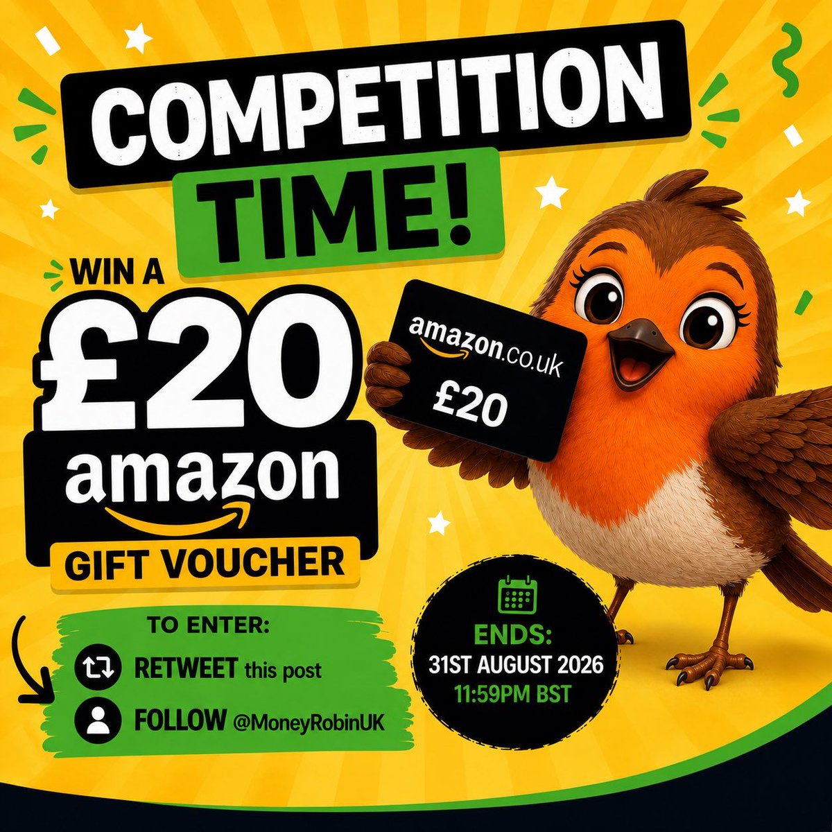 MoneyRobinUK's tweet photo. Weekend competition reminder 🎉
Win a £20 Amazon Gift Voucher. Visit our X profile, follow @MoneyRobinUK and repost the competition post.

#GiveawayUK #PrizeDraw #Competition #WinWithMoneyRobin #UKGiveaway

LINK: https://t.co/QQbwZ6dXQa https://t.co/K4tfWISi25