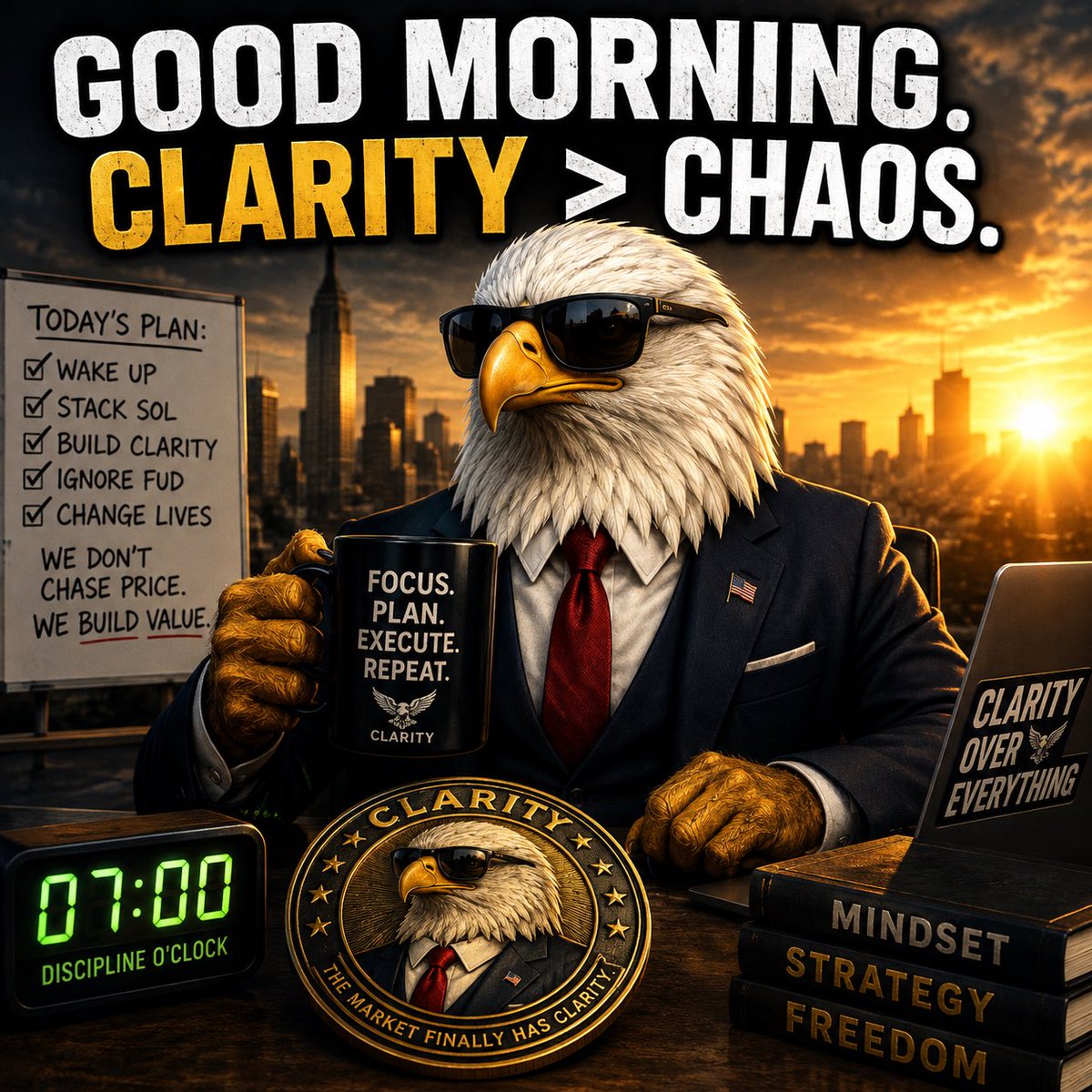 Clarity_CoinOG's tweet photo. GOOD MORNING WE ARE IN DAY 2 MY FELLOW PATRIOTIC EAGLES. WE HAVE A BIG DAY AHEAD OF US! WE ARE SHOOTING FOR 4K MC TODAY! 

#Clarityact #clarityeagle #clarityeagle #crypto #memecoins #launch #pumpfun #fomo #cryptogems https://t.co/wCP3VPkItN