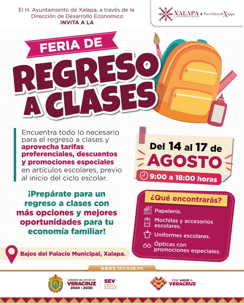 SEducacionVer's tweet photo. 📚🎒 El regreso a clases está cada vez más cerca.

Si estás en Xalapa, aprovecha la Feria de Regreso a Clases y encuentra promociones en útiles escolares, mochilas, uniformes y ópticas. ✏️👔👓

📅 14 al 17 de agosto
🕘 9:00 a 18:00 h
📍 Bajos del Palacio Municipal

#PorAmorAVeracruz