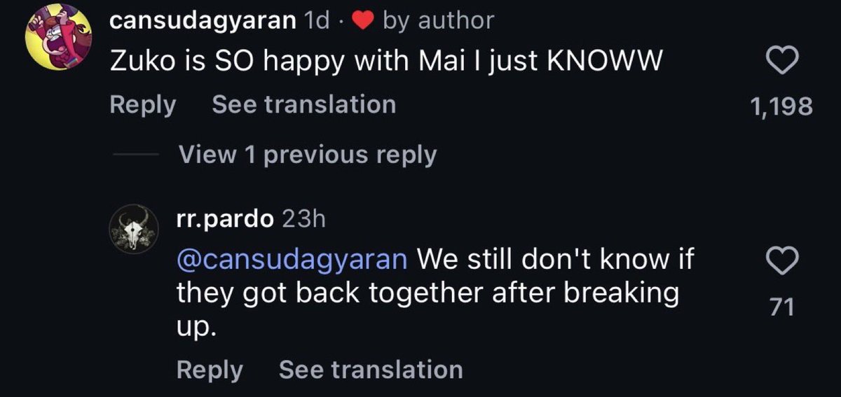 MaikoDaily's tweet photo. Jake Panian, lead artist for Legend of Aang movie who worked closely with director Lauren Montgomery and Bryke, liked these comments about Mai and Zuko’s endgame on Instagram!

He liked the comment saying “The creators confirmed they get back together some point in the future” https://t.co/5TjbTZvMMC