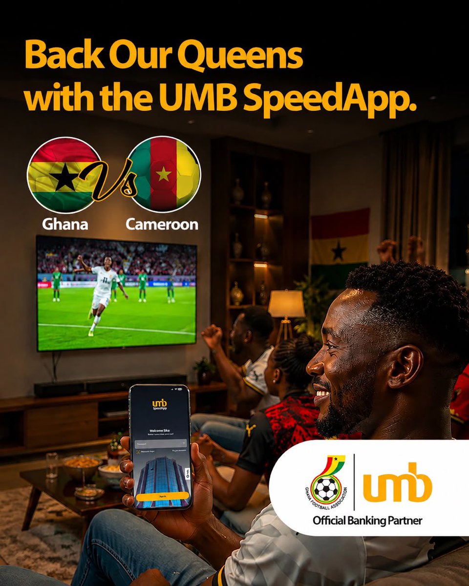 myumbbank's tweet photo. Enjoy seamless transactions with the UMB SpeedApp, whiles you cheer on the Black Queens.

UMB - Proudly Backing Ghana Since 1972

#UMBAdvantage
#UMBSpeedApp
#BlackQueens https://t.co/qf9mV5jvLX