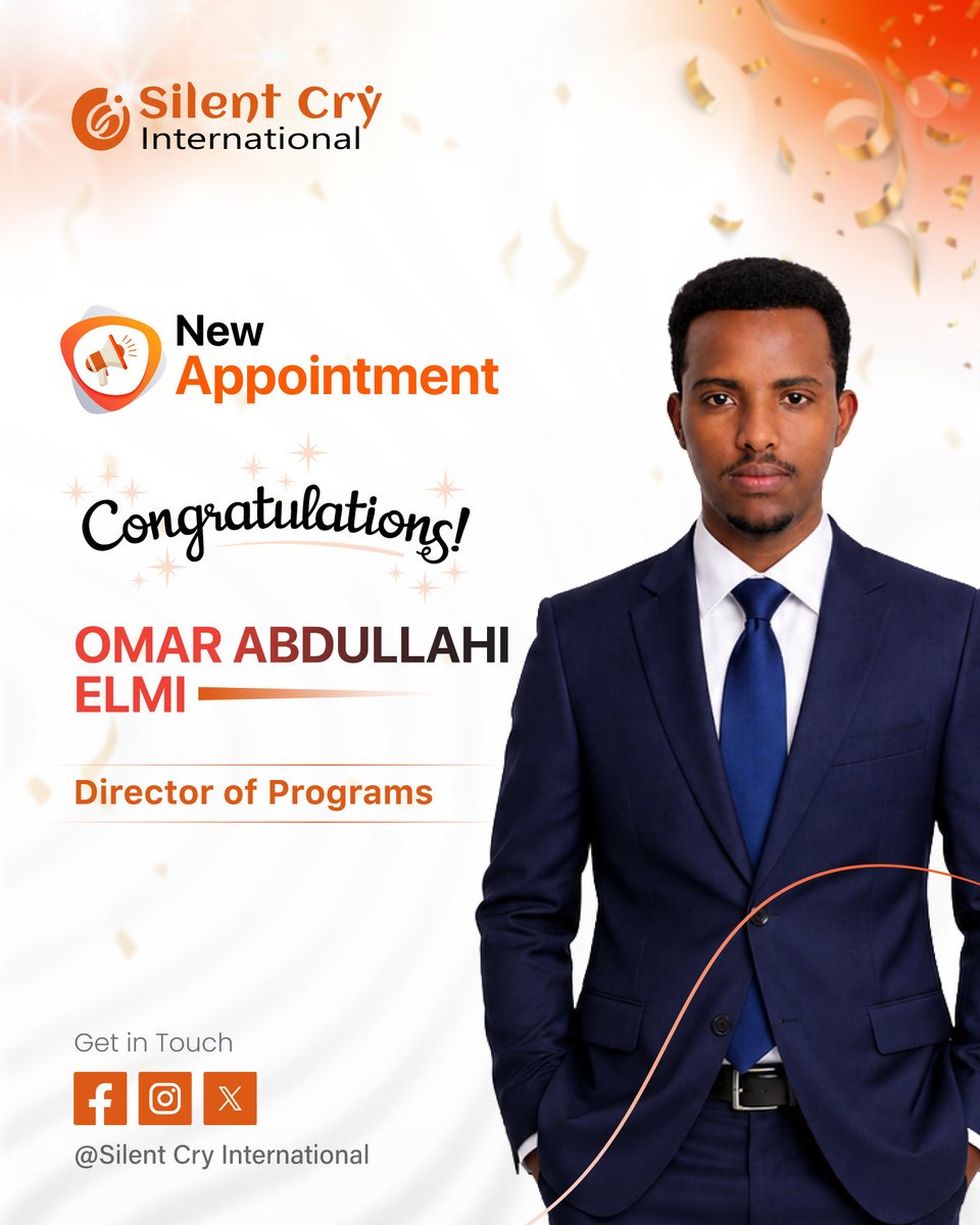 SilentCryOrg's tweet photo. Silent Cry International proudly announces the appointment of Omar Abdullahi Elmi as Director of Programs.

We congratulate Omar on this appointment and wish him success in advancing our mission and delivering lasting impact.

Congratulations and welcome to the team. https://t.co/8Nmr6FaF3u