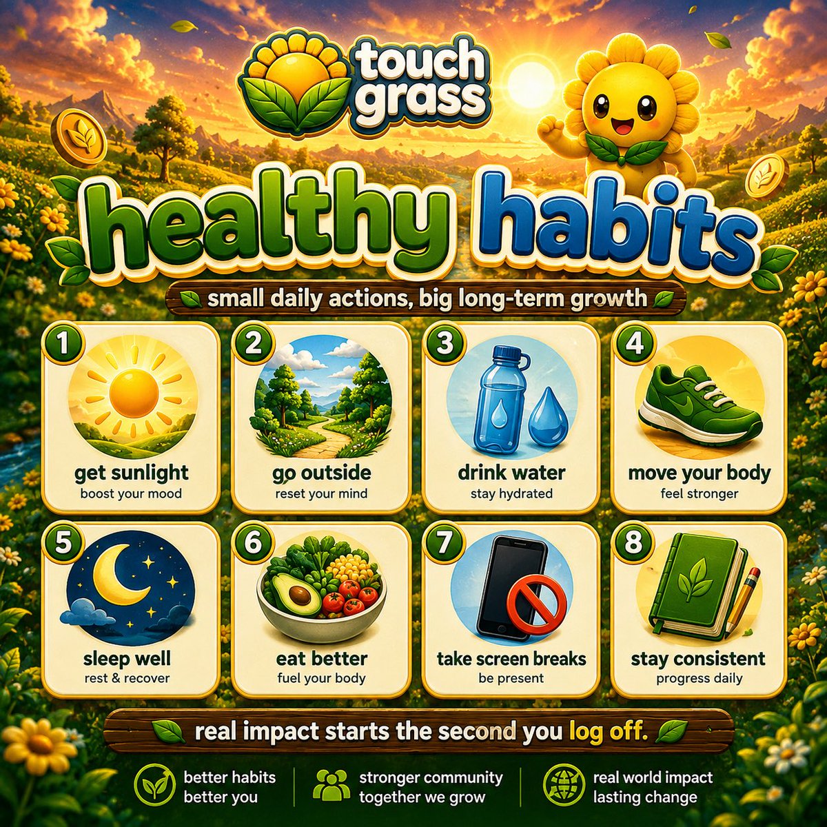 XTouchGrass's tweet photo. What’s one thing you’re resetting this week?

🌱 Health
📚 Learning
💪 Fitness
💰 Finances
🌳 More time outside
📺 Less Screen Time

Let us know.👇

$TOUCHGRASS #TouchGrass ☀️ https://t.co/GZQrvJB0U7