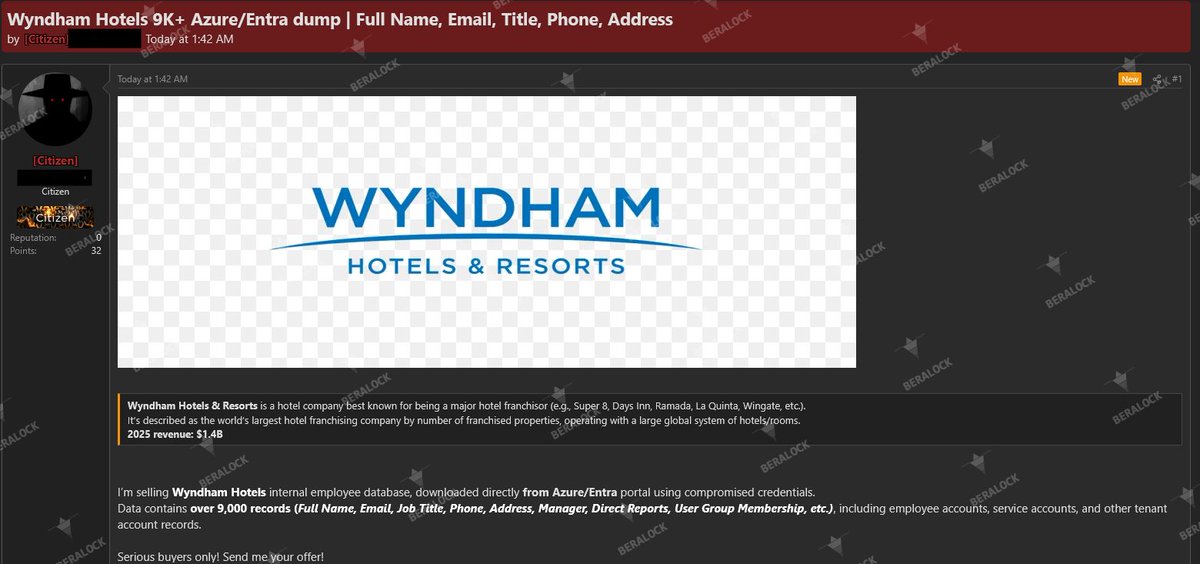 Beralock's tweet photo. DATA BREACH | Wyndham Hotels
9,000+ employee records stolen from Azure/Entra — names, job titles, managers, org chart. 

Same actor as IHG breach. Same day. Same method.

Full report 👇
https://t.co/RN9cQEFeSk

#DataBreach #WyndhamHotels #Azure #CyberSecurity #Hospitality https://t.co/V26ciktqUO