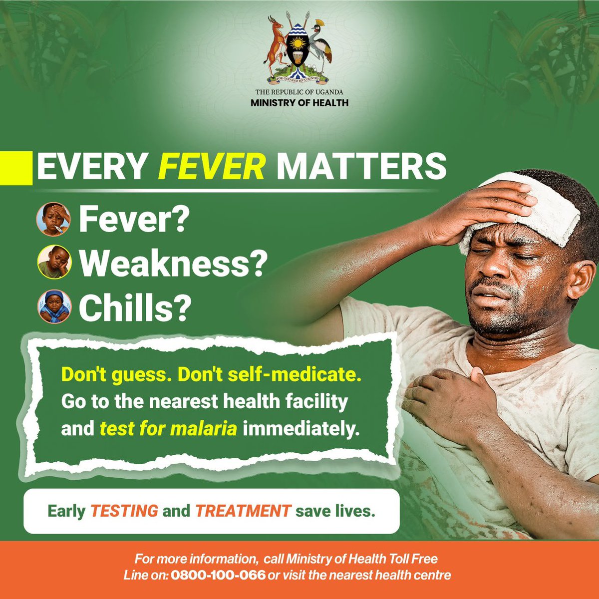 GenesisG58719's tweet photo. EVERY FEVER MATTERS ⚠️

Fever? Weakness? Chills?
Don't guess. Don't self-medicate.

Go to the nearest health facility and TEST FOR MALARIA immediately.

Early TESTING and TREATMENT save lives.

Toll Free: 0800-100-066
@Ministry of Health UG
#EveryFeverMatters https://t.co/IjQvdax4JZ