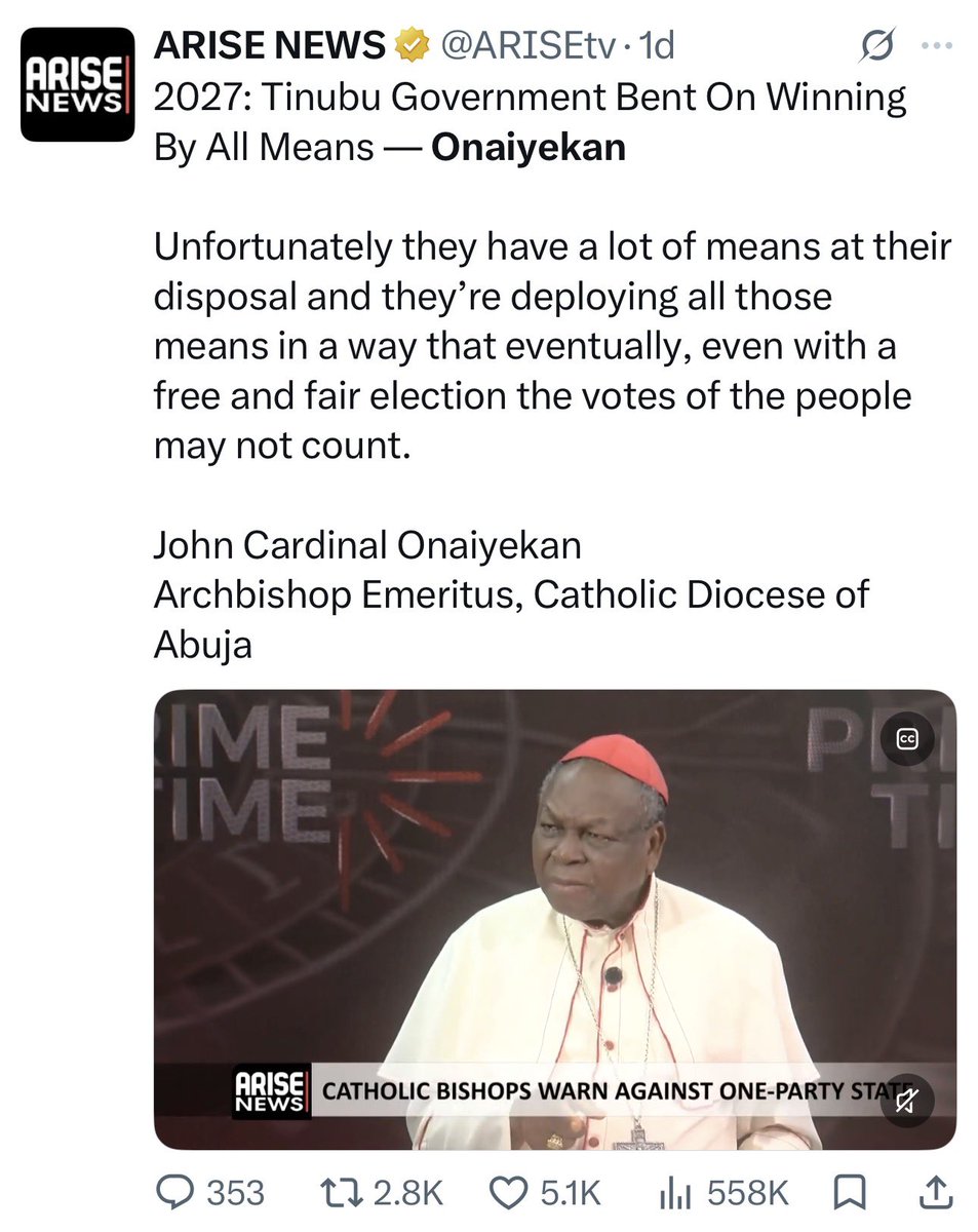 OurFavOnlineDoc's tweet photo. From the days of the military up till today, the Catholic bishops of Nigeria are renown and reputable for always speaking truth to power.

These are not men with wives,
You can’t use women to blackmail them.

These are not men with children,
You can’t kidnap their kids to blackmail them.

These are not men who want fame,
You can’t use the allure of celebrity to compromise them.

These are not men who chase money.
You can’t use the offer of bribes or dirty lucre to compromise them.

These are not men who seek material things. You can’t use private jets to make them bend or buy their conscience.

They are not Daddy GOs.
They don’t own church buildings.
They mostly have no property or assets. So you can’t use temptation of setting up human empires to compromise them.

These are noble men.
Not pulpit opportunists who turn the holy altar of God into a platform to rebrand satanic politicians.

May God bless these Catholic bishops for being the last voice of reason, the last hope of sanity and the last shred of conscience in a society full of depraved, compromised people who have sold their souls for dirty money.