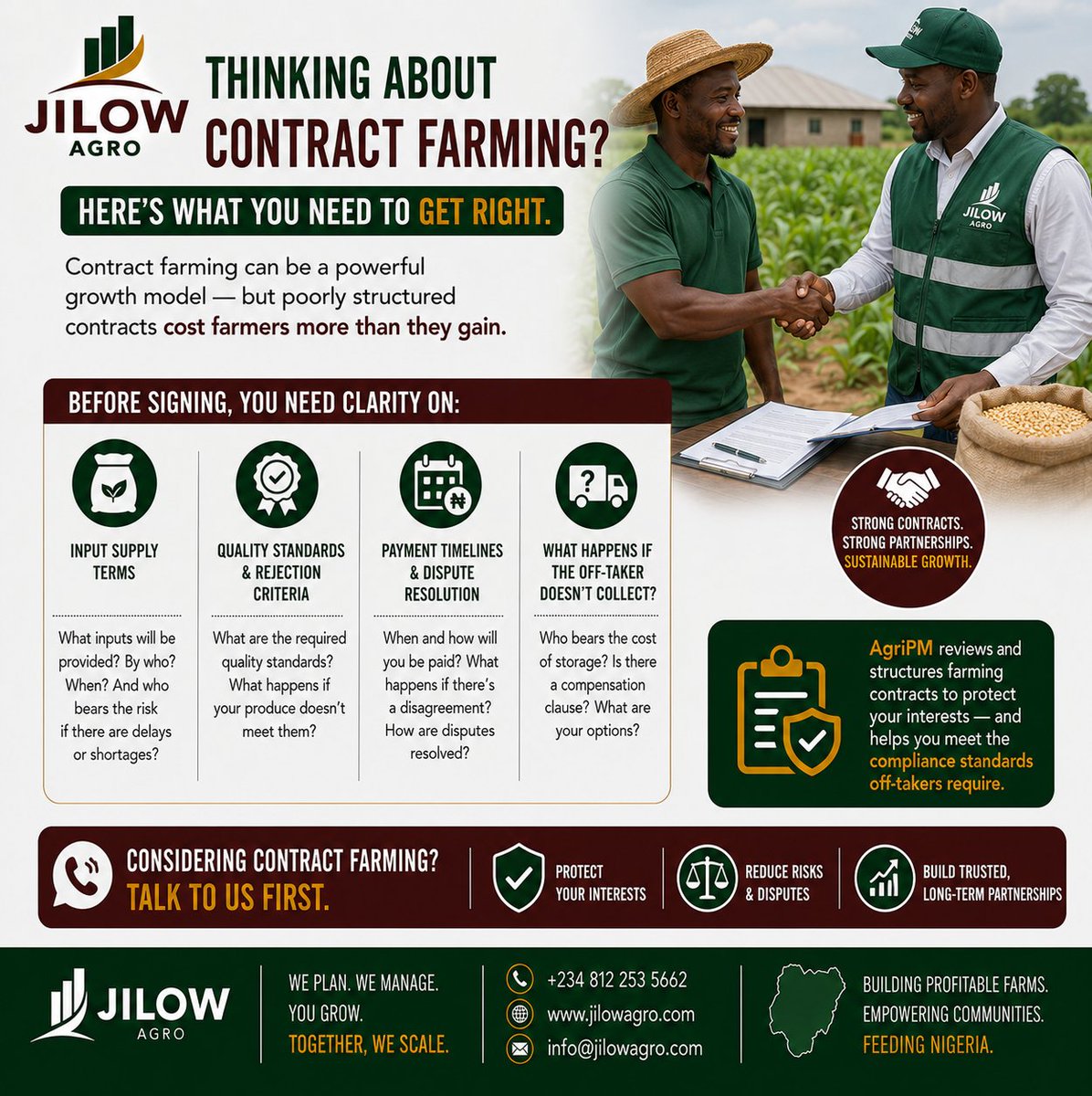 JilowAgro's tweet photo. Contract farming can be a powerful growth model but, poorly structured contracts cost farmers more than they gain.
Before signing, you need clarity on: 👇
Considering contract farming? Talk to us first.
#ContractFarming #OfftakeAgreement #AgriPM #JILOWAgro #FarmContract https://t.co/vcBkAXQw8P