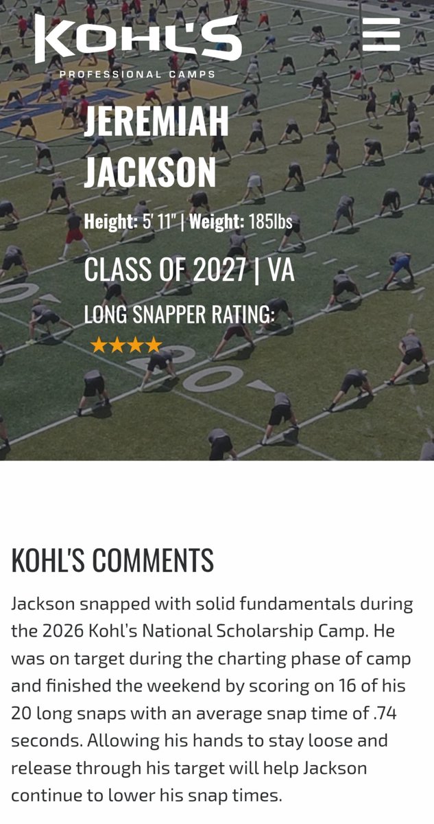 J_Jackson2027's tweet photo. Thank you very much @KohlsKicking and @Coach_Casper for an amazing experience at the Kohl's National Scholarship Camp! Proud to say that I earned 4⭐️! Thank you @Bran757 for pushing to me to be the best version of myself and allowing me to achieve this goal! Can't wait to carry my training into the upcoming season! #agtg 
https://t.co/lOasRDd8jx

@KohlsHighlights
@SpecialTeamsU
@aigaperformance
@WillVapreps
@TabbTigersFB