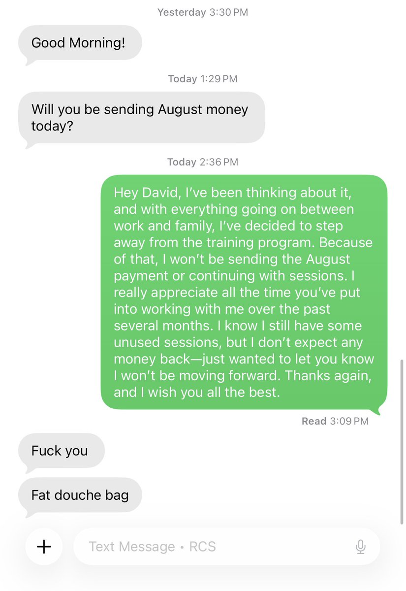 HowardMyones's tweet photo. I’ve been using a personal trainer for a few months and I’m not very happy with his services. I decided to not be an asshole when letting him know. Lol. https://t.co/yh4ew97GUT