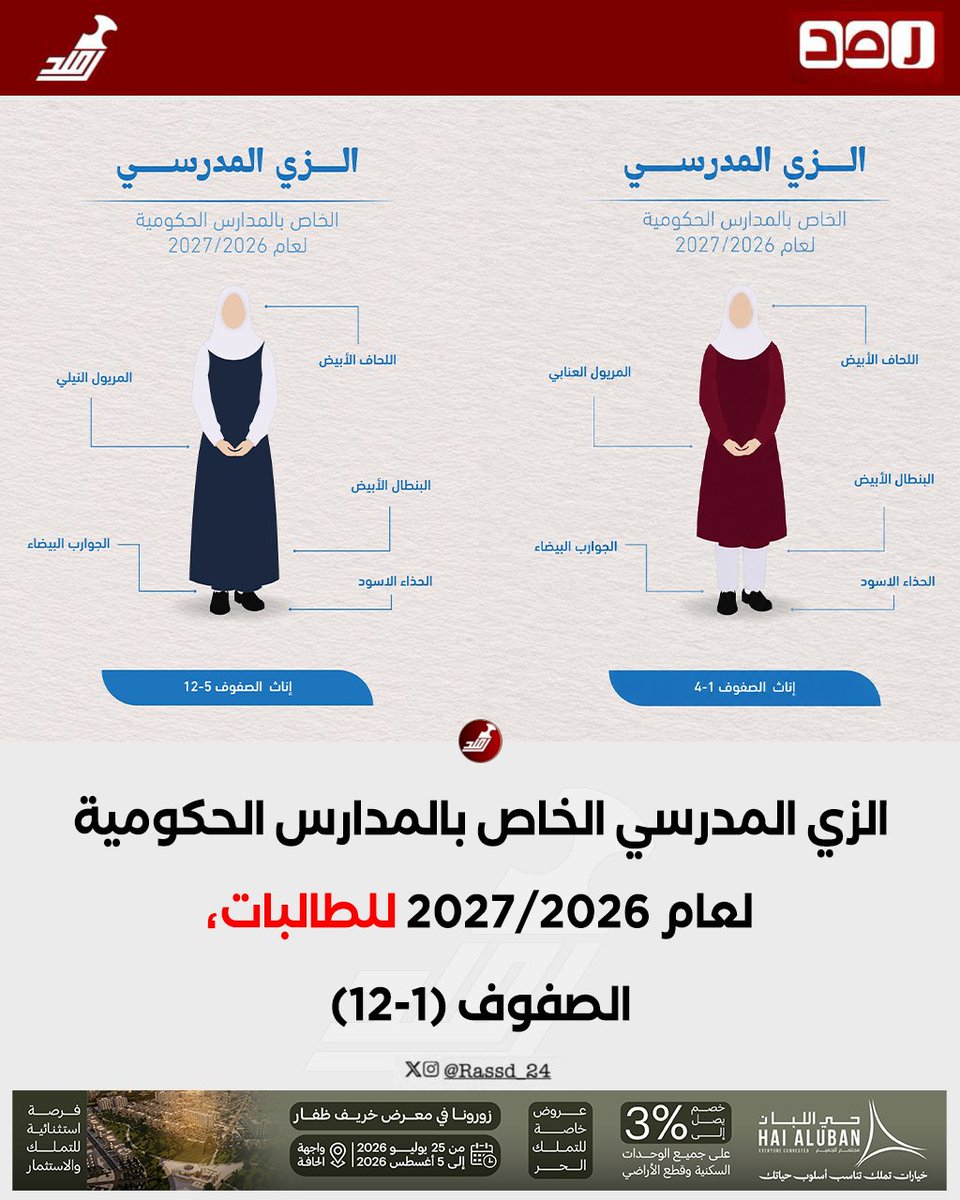 Rassd_24's tweet photo. 🔴 وزارة التعليم تعلن الزي المدرسي الخاص بالمدارس الحكومية لعام 2026/2027. https://t.co/AWaXoQ3Eua