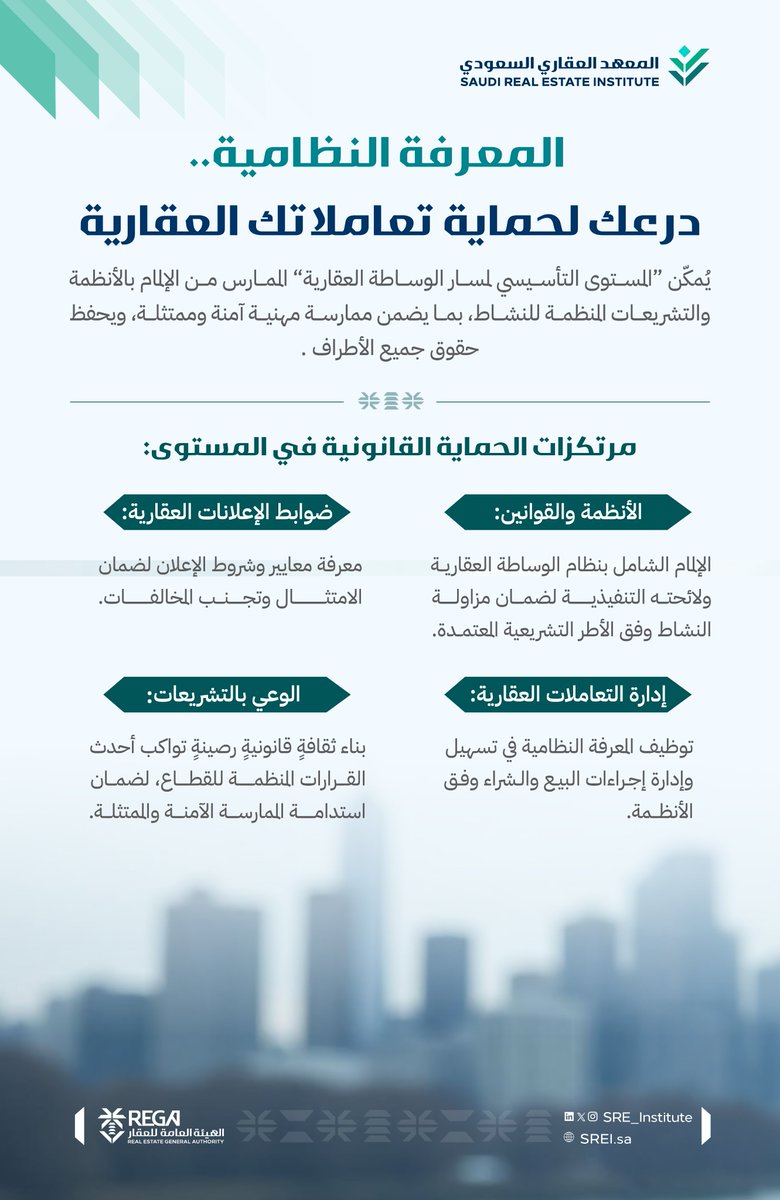 SRE_Institute's tweet photo. الأمان المهني يبدأ من فهمك للأنظمة والتشريعات؛ 
يُقدم "المستوى التأسيسي لمسار الوساطة العقارية" من #المعهد_العقاري المعرفة النظامية التي تؤهلك لتكون ممارسًا واعيًا، تحمي تعاملاتك وتُسهّل صفقاتك باحترافية وامتثال

لمزيد من التفاصيل : https://t.co/xl9s13IZkC https://t.co/di9FkGJhLg