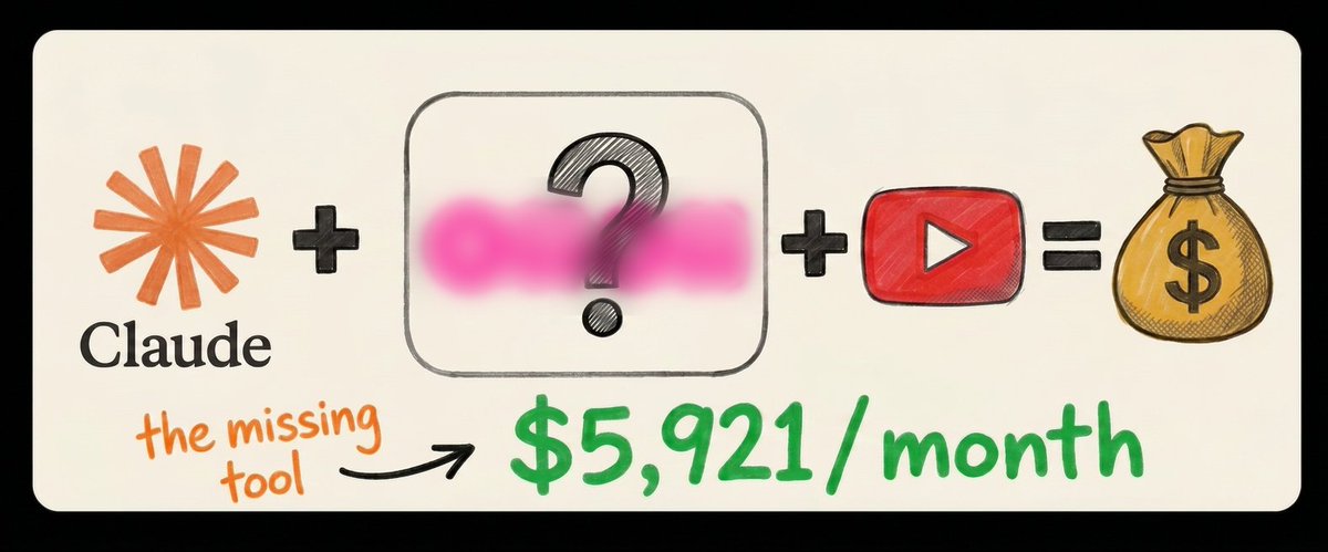 facelesspilot's tweet photo. Claude + ??? + YouTube = $5,921 in 28 days

2,777,322 views. No face. No filming.

Everyone has Claude. Everyone has YouTube.

The tool in the middle is what nobody talks about. It's free.

Comment "TOOL" and I'll send you what goes in the blank. https://t.co/hstnwBlq99