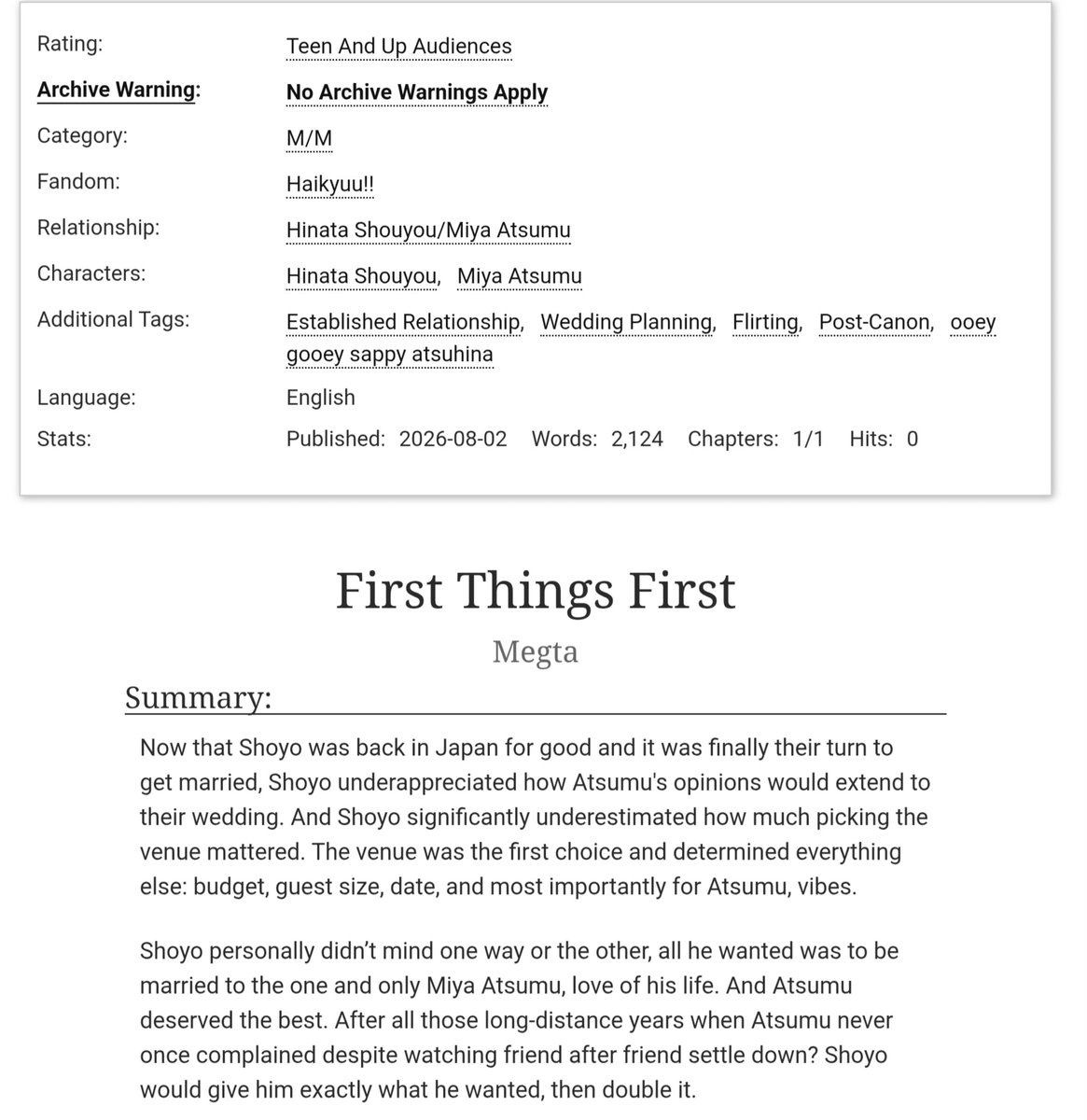 Megta9's tweet photo. The Look of Love zine fic is officially on ao3 🥰

Please enjoy this cute little fic of Atsuhina touring wedding venues! Atsumu might be a litttttle picky about it, but Shoyo doesn't mind 💛🧡

Lots of sappiness, per usual!

https://t.co/6WmhmgYvin https://t.co/pMNGneTZOS