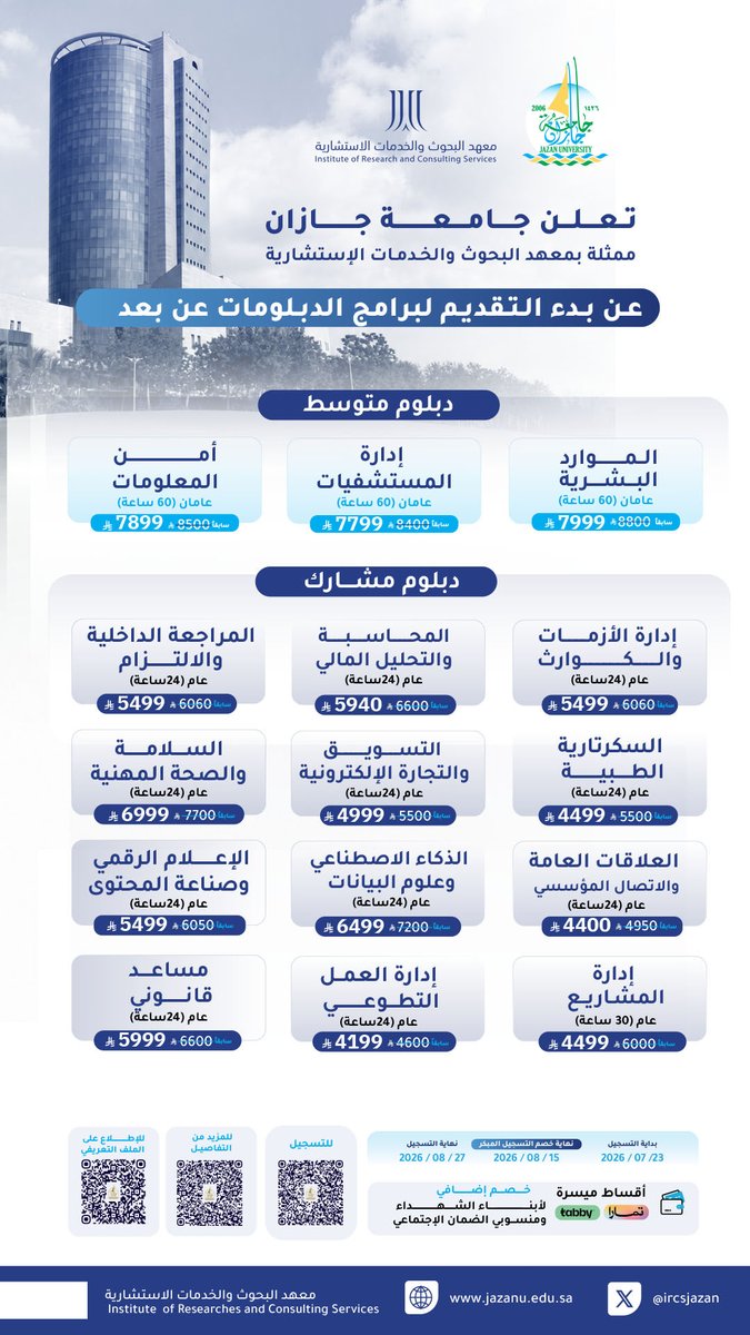 ABDULMAJEEDFUL's tweet photo. معهد البحوث والخدمات الاستشارية بجامعة جازان مسوين فاتحين برامج ( دبلومات + برامج زمالة ) 

✔️ برامج متنوعة تناسب مختلف المسارات المهنية.
✔️ دراسة واختبارات 100% عن بُعد.
✔️ شهادة موثوقة.
✔️ دعم فني طوال فترة الدراسة.
✔️ مرونة في السداد عبر تابي وتمارا.
✔️ خصومات للتسجيل المبكر، ومزايا خاصة لمستفيدي الضمان الاجتماعي وأبناء الشهداء

إذا كنت تخطط لخطوتك المهنية القادمة.فهذه فرصة تستحق أن تطلع عليها.

للتسجيل

https://t.co/8McKqH2g3F

لرفع إفادة إلى جهة العمل

https://t.co/gMkXu2ID0T
Ad