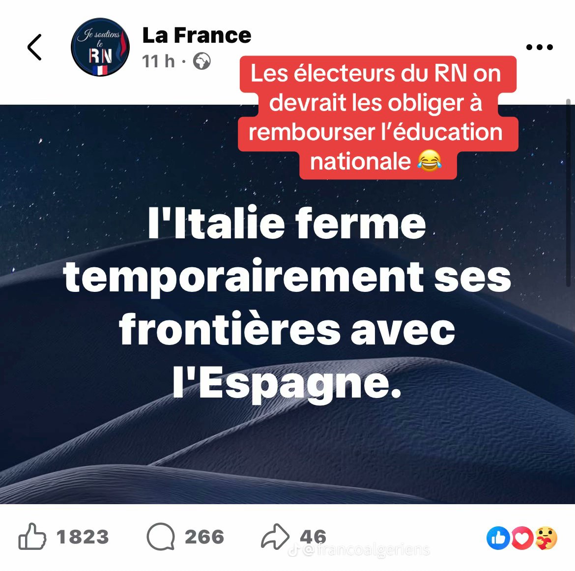 NoesisFr's tweet photo. Si vous vous sentez con, dîtes vous que les électeurs RN pensent qu'il y a une frontière entre l'Espagne et l'Italie https://t.co/x9QTTjTkZf