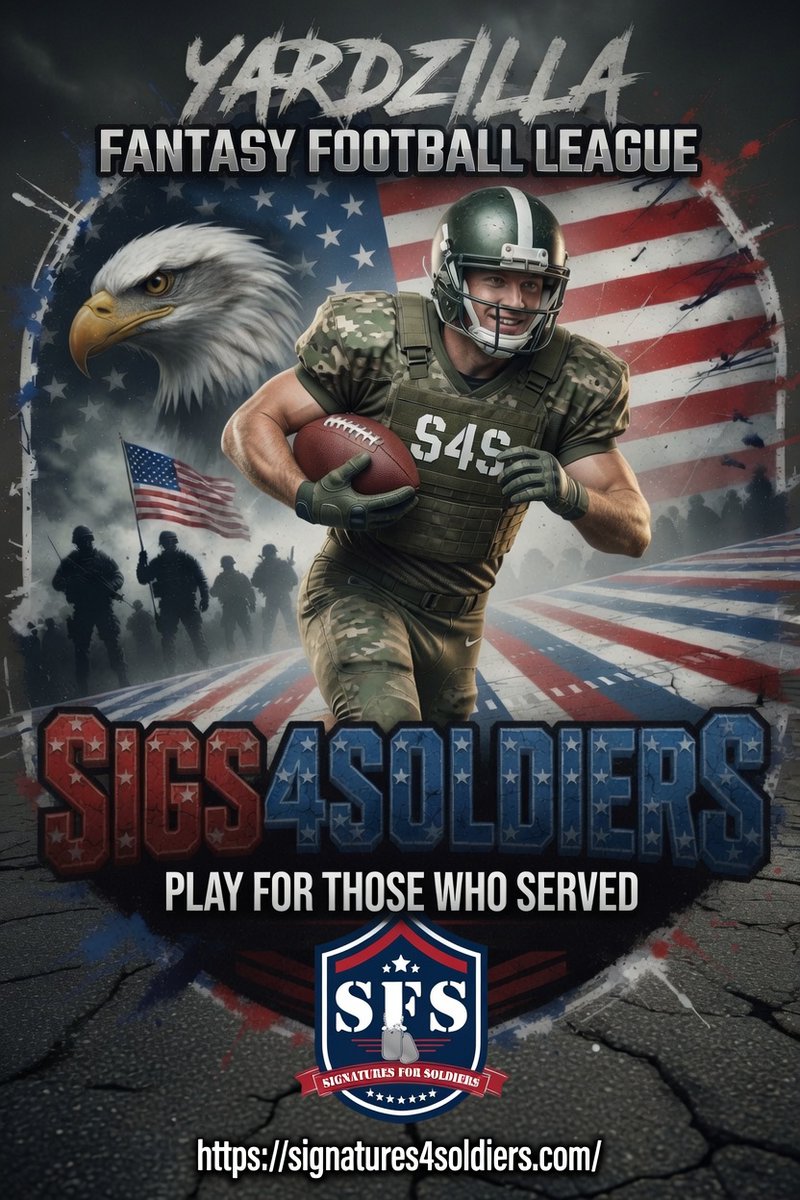 yardzilla's tweet photo. I’m running a charity re-draft league(s) this season and 100% of the entry 
fees are going straight to Signatures4Soldiers.
•  $25 entry → fully donated (100%)
• Leaguesafe collection of dues
•  League on Sleeper
•  Grand prize for the overall winner.     (details dropping soon)
•  Standard re-draft format

This is a chance to compete hard, have fun, and put real money behind a cause that supports the men and women who wore the uniform.

Spots are limited.

DM me if you want in or know someone who does.

Let’s turn fantasy football into something that actually matters.

https://t.co/P3GkUHlJLI

#Yardzilla #Sigs4Soldiers #FantasyFootball 

*Signatures For Soldiers (SFS) is an all volunteer nonprofit that sells sports memorabilia with 100% going to support homeless and disabled veterans in need. Since November 2014 SFS has raised over $500,000. Signatures for Soldiers is a certified 501(c)(3) veterans charity.