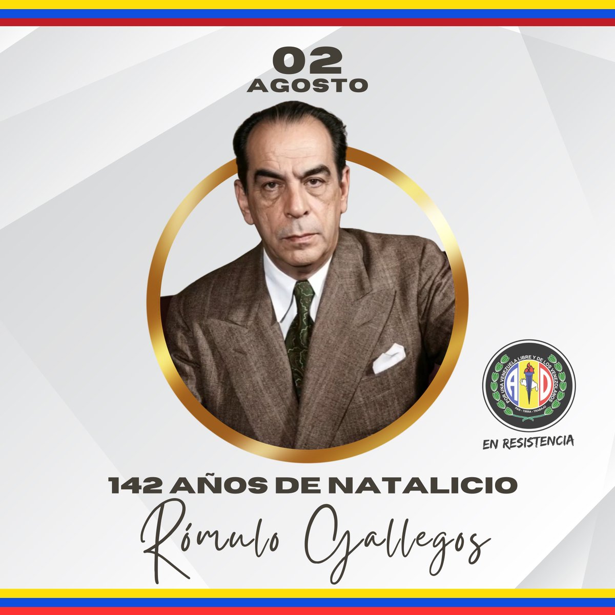 ADemocratica's tweet photo. Un día como hoy pero en 1884 nace el insigne venezolano que sería maestro, novelista, ensayista, cuentista, dramaturgo, periodista y compañero fundador de nuestro partido, Rómulo Gallegos, primer presidente del siglo XX en nuestro país, en ser elegido por votación directa, universal y secreta, con más del 70% de los votos.