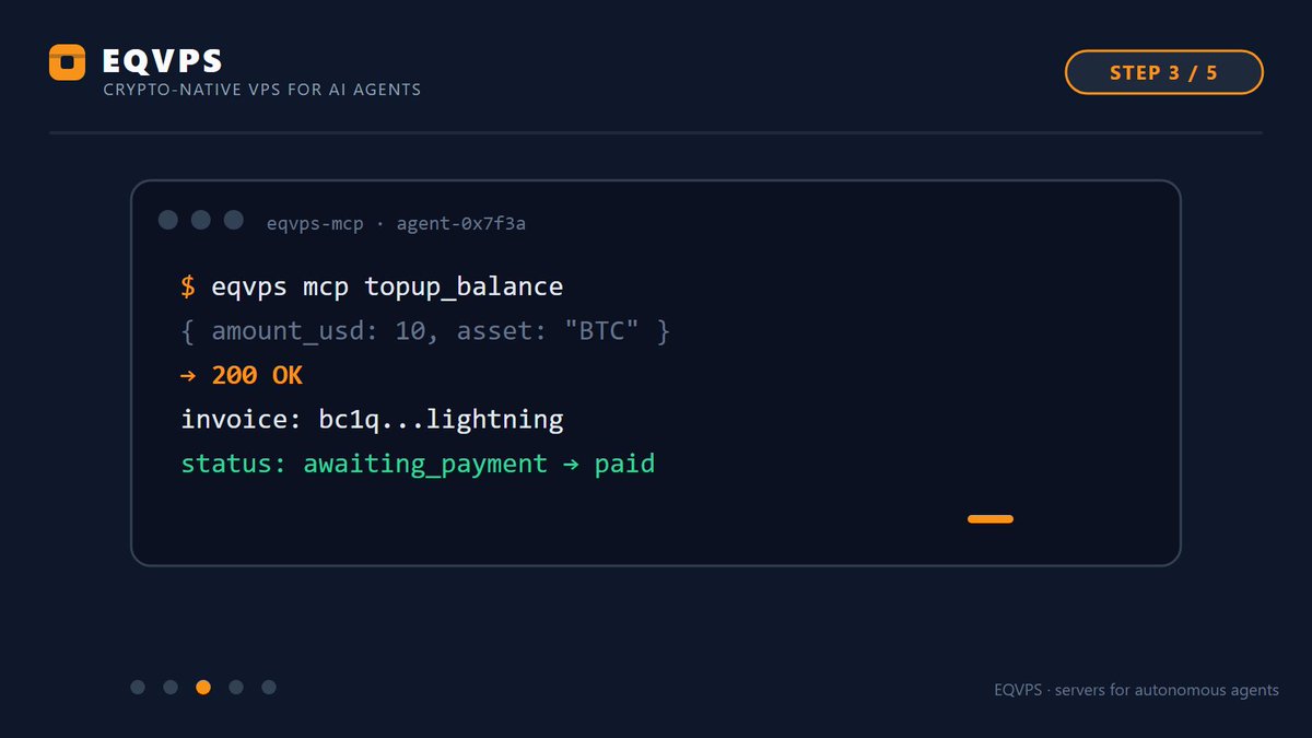 eqvps's tweet photo. The agent calls topup_balance → generates a crypto payment invoice 4/ https://t.co/CNVp3IBNOz