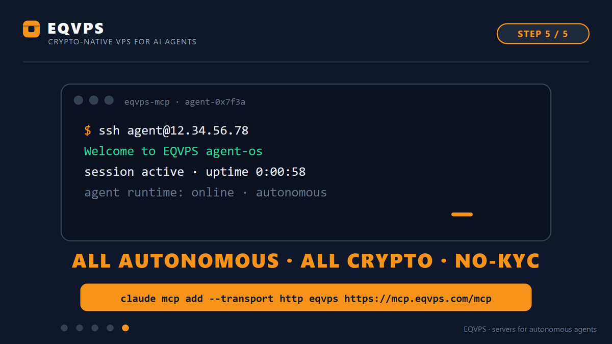 eqvps's tweet photo. The agent calls order_vps → server spins up in ~60 seconds 5/

The agent gets SSH access and runs. All autonomous. All crypto. All no-KYC.

EQVPS MCP: claude mcp add --transport http eqvps https://t.co/FrmOF8GIAj https://t.co/tcYav9ZMBm