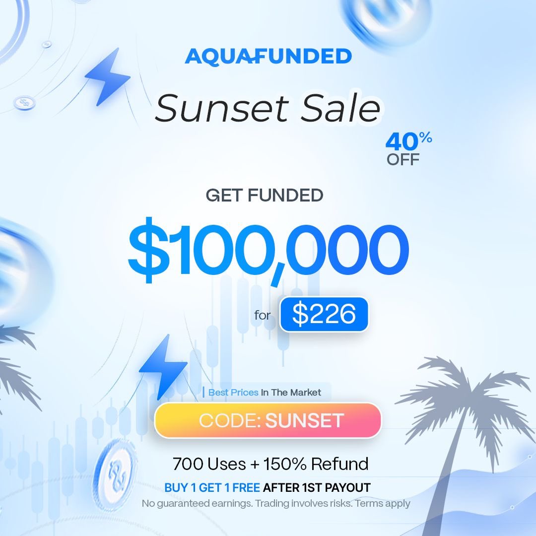 prosper_xau's tweet photo. Sunset is here

Trade with @AquaFunded with no stress

Get a $100k Account for $226+ BOGO

40% Off on all Accounts + Buy one get one free after 1st payout.

100% profit split and On-demand payouts available.

150% Refund of your purchased cost.

Use code : “SUNSET”
https://t.co/ujo7UxMPJ7