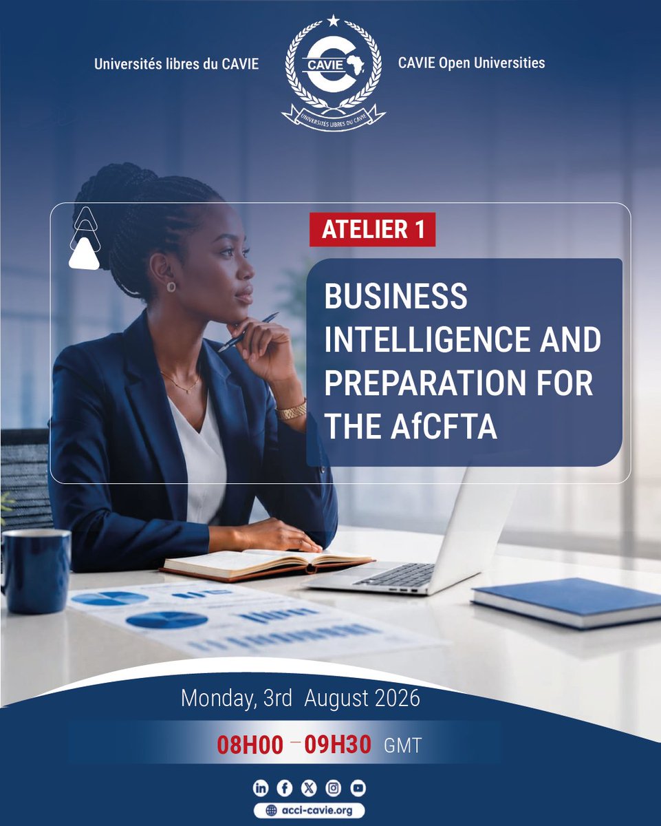 cavie_acci's tweet photo. CAVIE Open Universities (COU2026) โ Day highlight: Workshop 1.
7h20 GMT: Business intelligence and preparation for the #AfCFTA.
Join us online and follow today's session live.
๐ Full programme: https ://acci-cavie.org/open-university-2026-program/
#CAVIE #COU2026 #Workshop1 https://t.co/9ukJmY1tgs