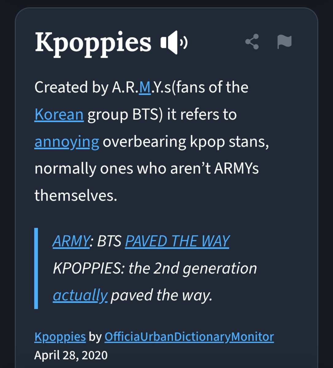 solmerv's tweet photo. Weren't Armys kicked out of the "Kpop stans" category a long time ago? Funny how "kpopies" was originally created by Armys, yet Kpop stans still use it for each other just like they've picked up so many armys inside jokes and terms. https://t.co/Hc48Fud6in