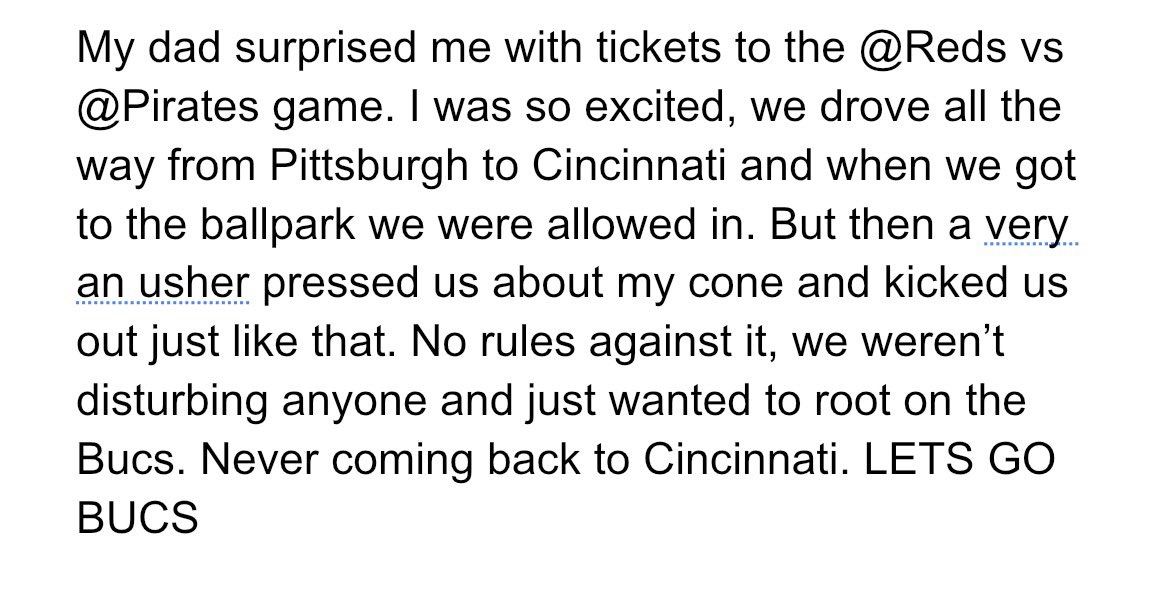 Zev_Loring's tweet photo. @Reds your ushers and security are awful and don’t allow for an enjoyable experience. Let’s go Bucs @Pirates https://t.co/lmWtwSN0oS