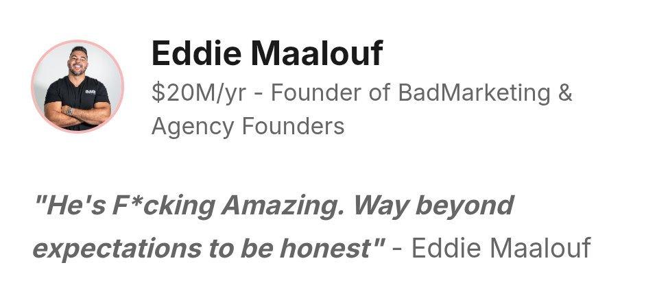 wizofecom's tweet photo. A testimonial I'm really proud of.

We took over @imakeBADads personal brand (on X and LinkedIn) over a year ago.

Eddie's agency does $20M/yr. Founder of BadMarketing and Agency Founders. One of the most respected agency owners in the world.

Here's what he's said about us: "He's f*cking amazing. Way beyond expectations to be honest."

Since working with us he's up thousands of followers across X and LinkedIn while consistently closing deals for his events and consulting.

DM me to learn more or book a call: https://t.co/8n1YK2xVuA