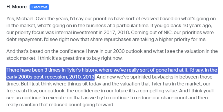WaterportCap's tweet photo. Lynn Moore at $TYL on recent buybacks. >5.5% of shares retired ytd. 

This is the kind of dynamic capital allocation you want to see. https://t.co/Gibk8KsOOM